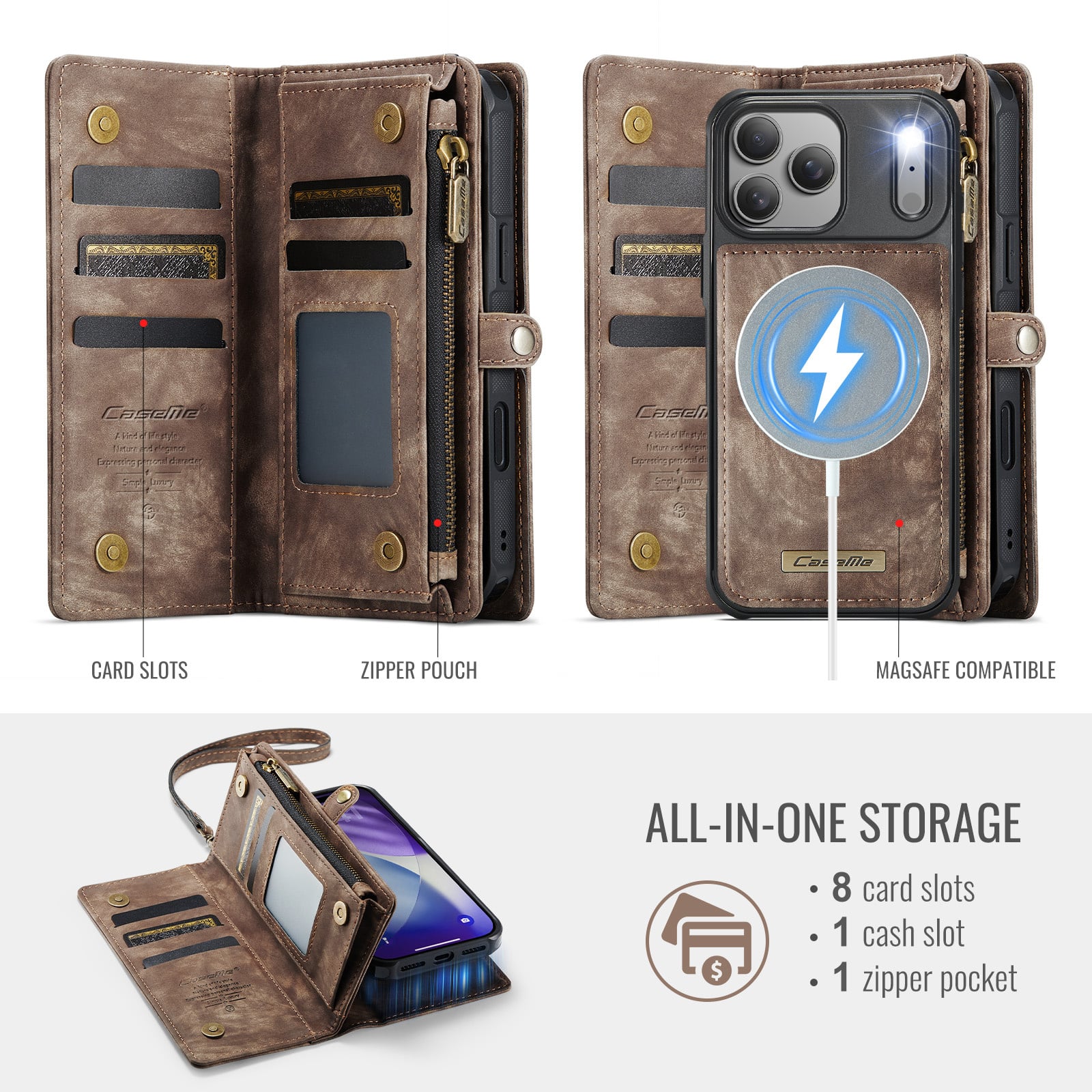 iPhone 18 Pro Max / iPhone 17 Pro Max afneembare 2 in 1 portemonnee hoes & backcover - Bruin