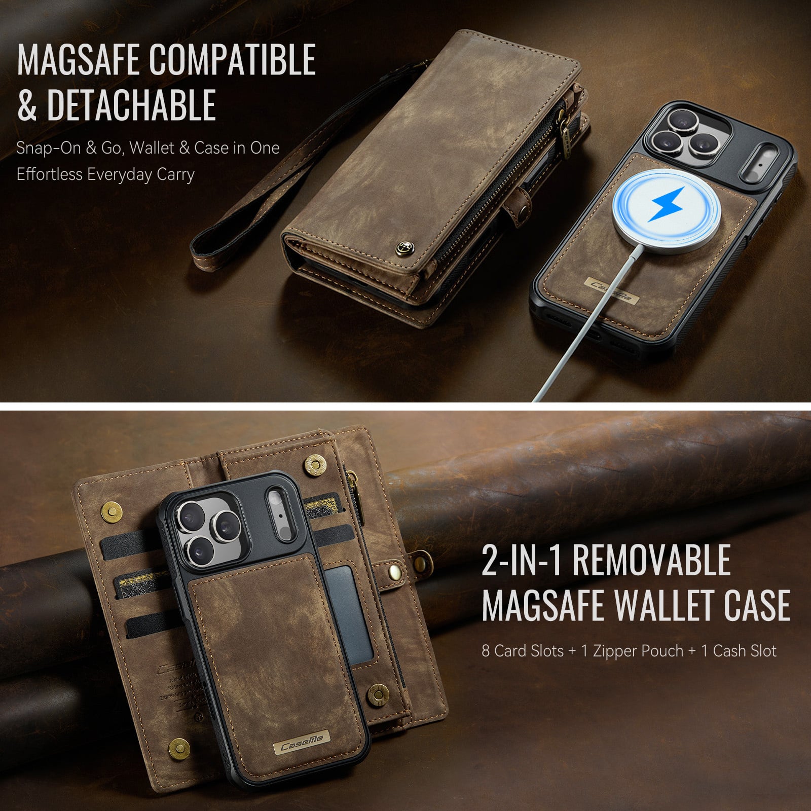 iPhone 18 Pro Max / iPhone 17 Pro Max afneembare 2 in 1 portemonnee hoes & backcover - Bruin