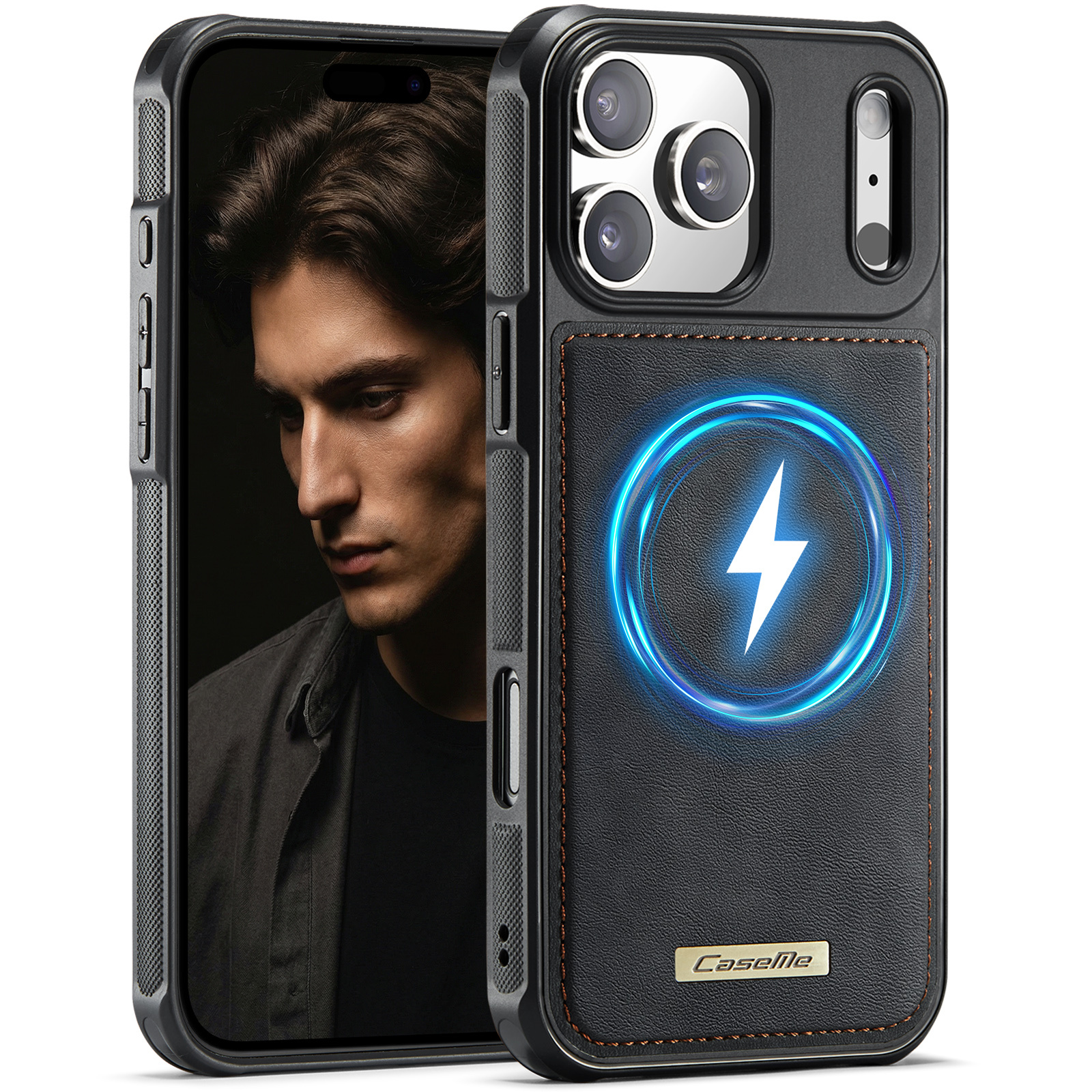 iPhone 18 Pro Max / iPhone 17 Pro Max Magnetisch leren TPU backcover met verhoogde camerarand - Zwart