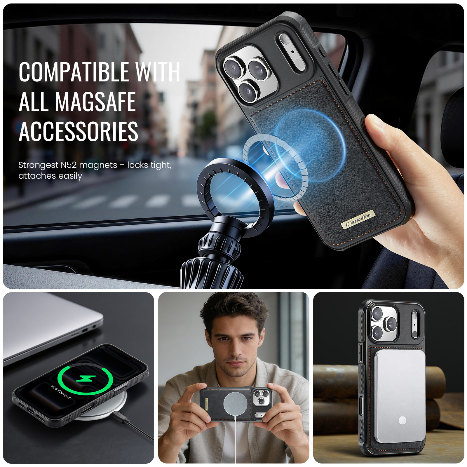 iPhone 18 Pro Max / iPhone 17 Pro Max Magnetisch leren TPU backcover met verhoogde camerarand - Zwart