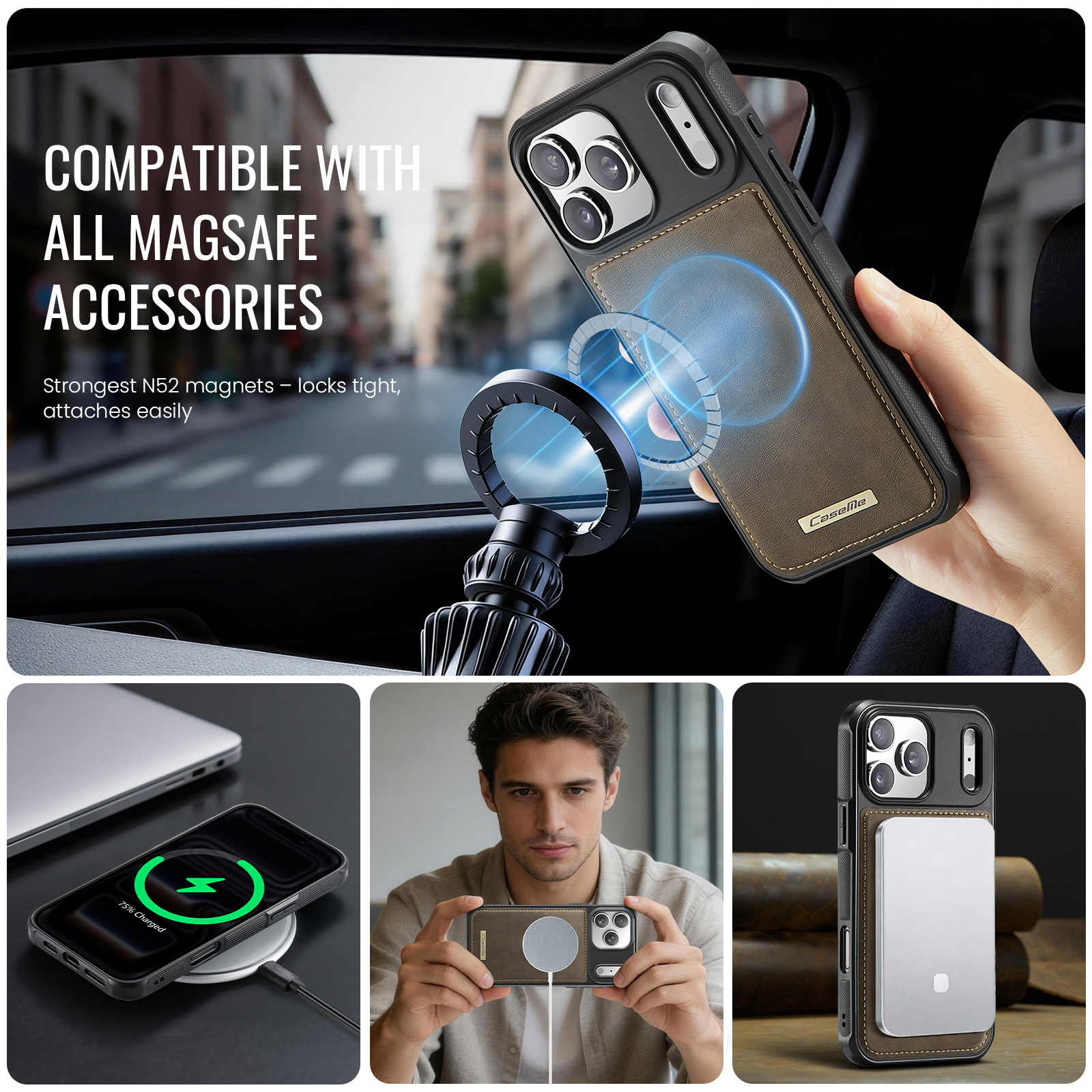 iPhone 18 Pro Max / iPhone 17 Pro Max Magnetisch leren TPU backcover met verhoogde camerarand - Bruin