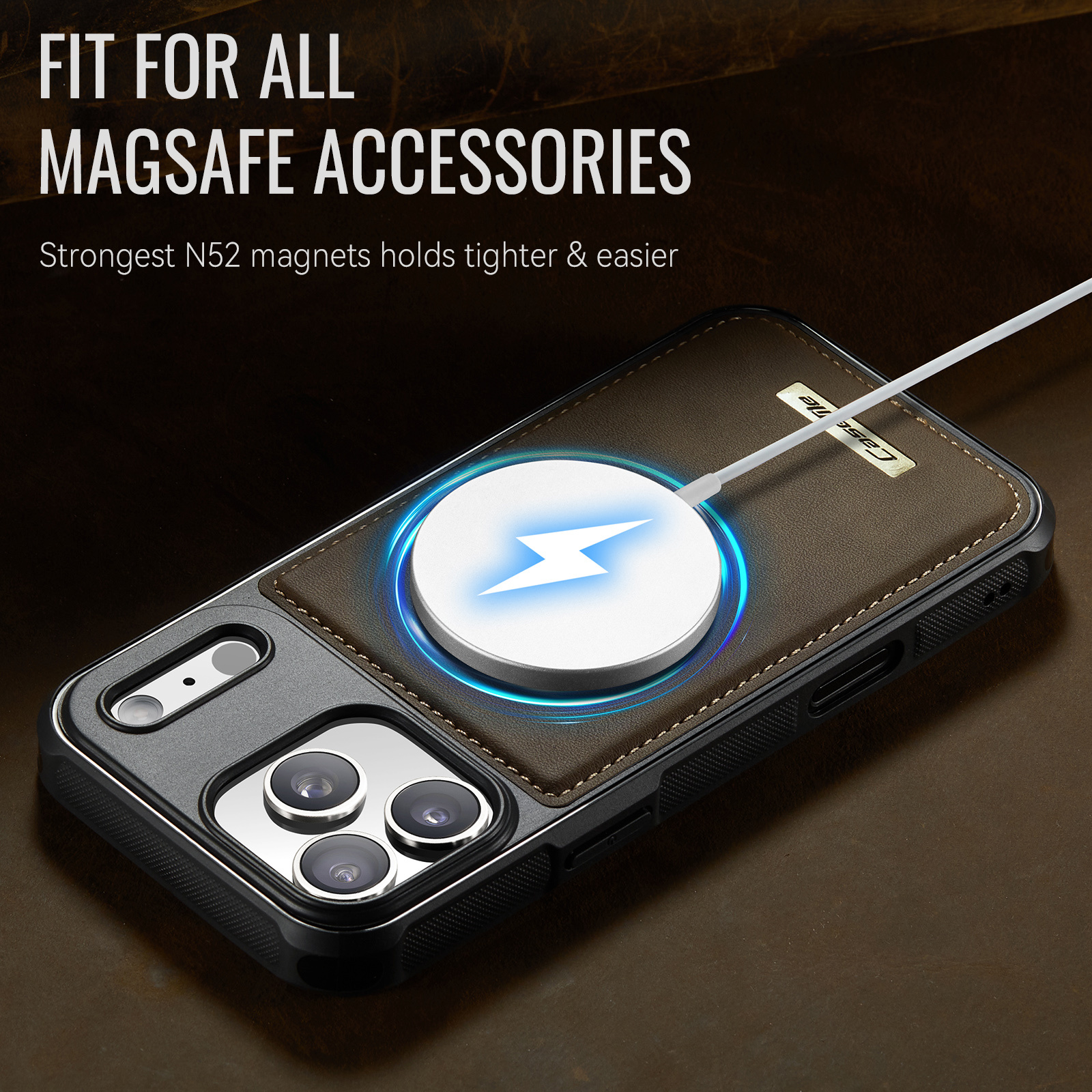 iPhone 18 Pro Max / iPhone 17 Pro Max Magnetisch leren TPU backcover met verhoogde camerarand - Bruin