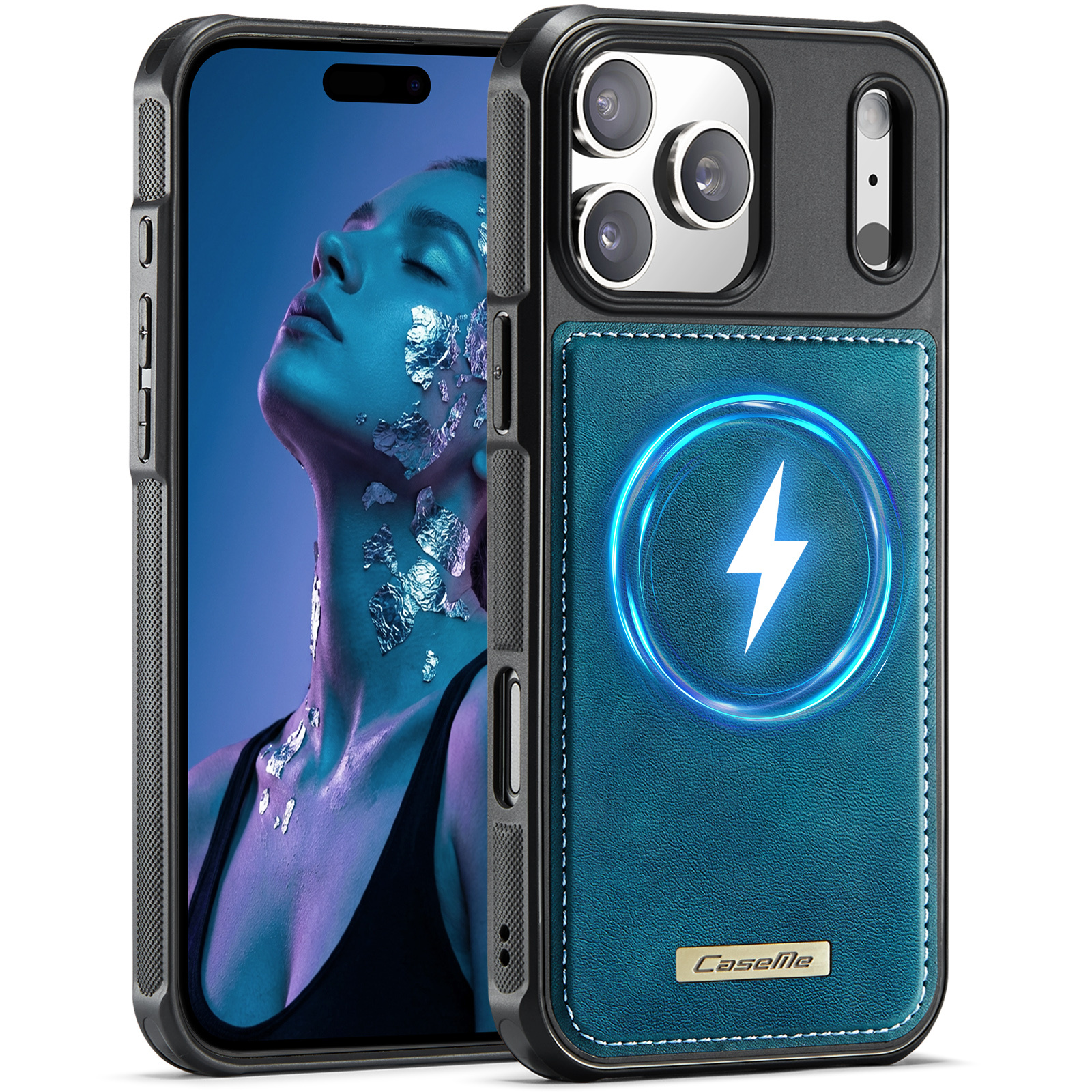 iPhone 18 Pro Max / iPhone 17 Pro Max Magnetisch leren TPU backcover met verhoogde camerarand - Petrol