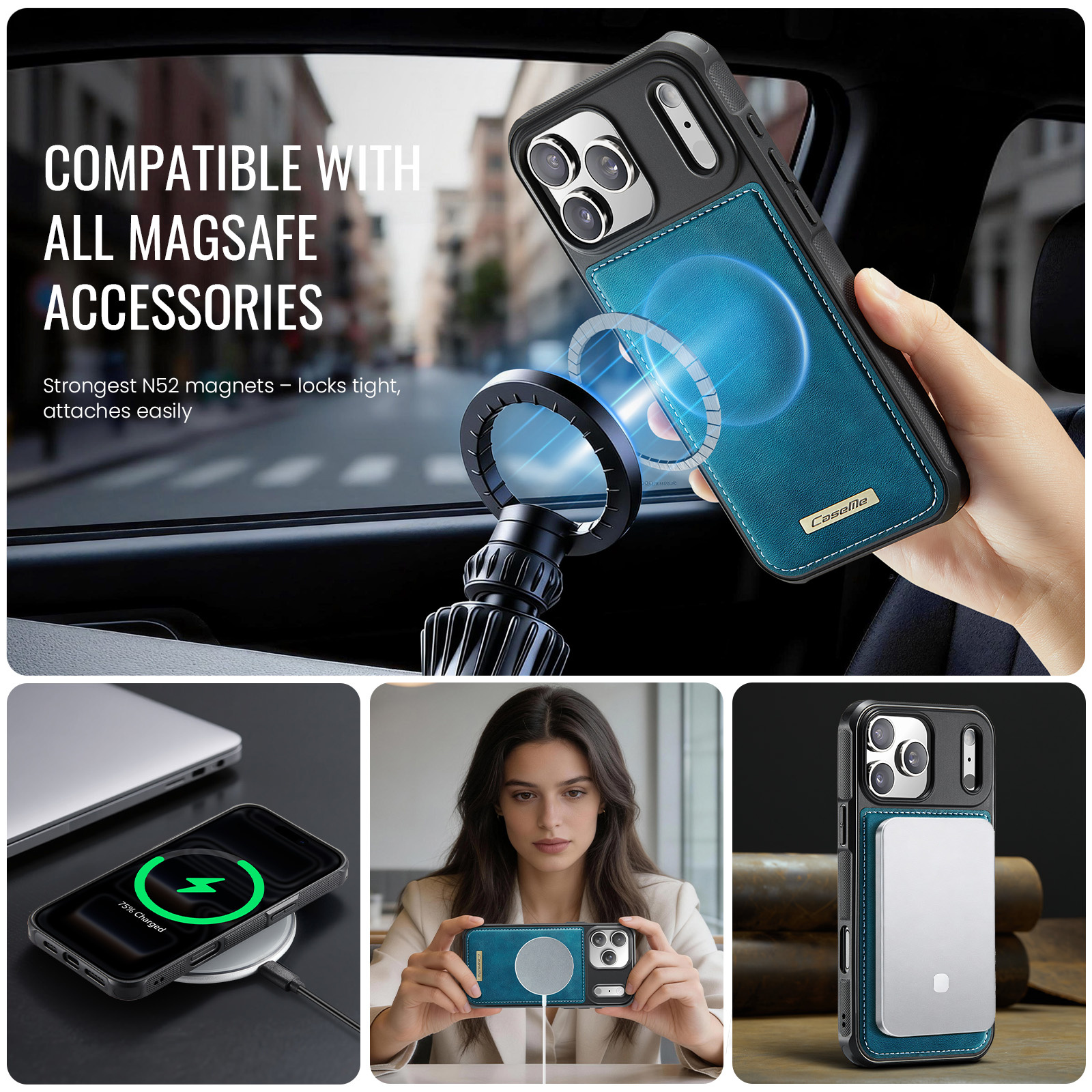 iPhone 18 Pro Max / iPhone 17 Pro Max Magnetisch leren TPU backcover met verhoogde camerarand - Petrol
