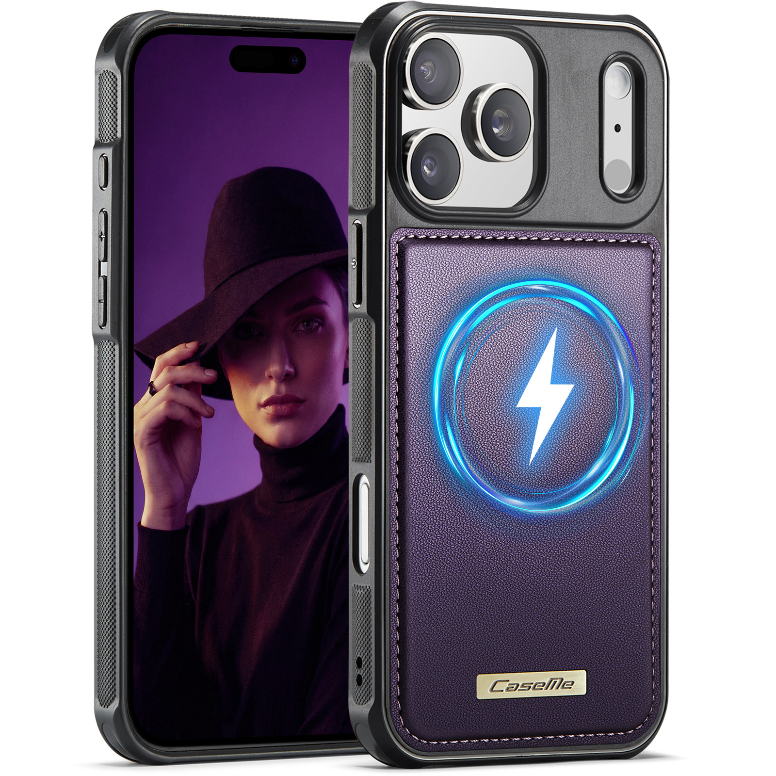 iPhone 18 Pro Max / iPhone 17 Pro Max Magnetisch leren TPU backcover met verhoogde camerarand - Paars