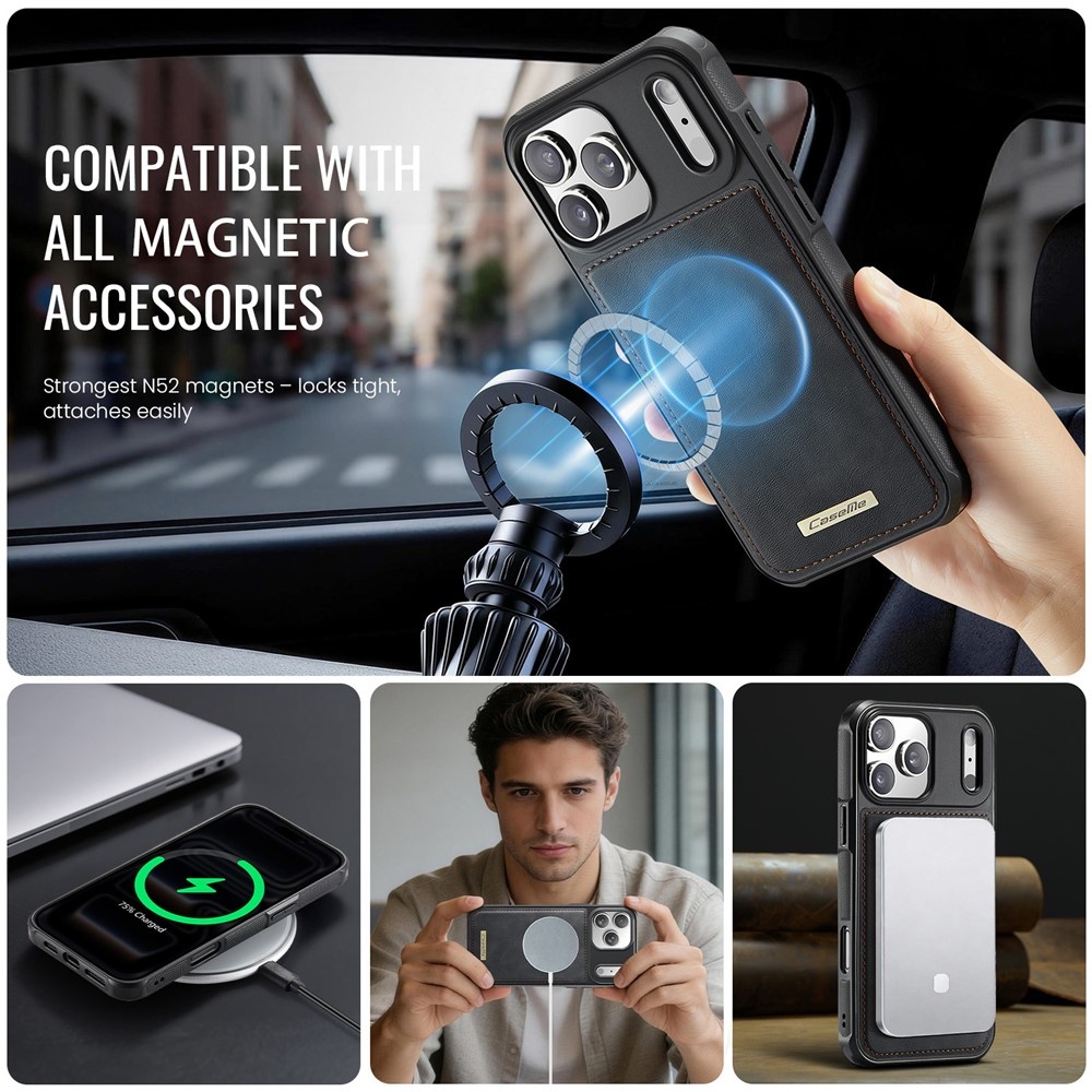 iPhone 18 Pro / iPhone 17 Pro Magnetisch leren TPU backcover met verhoogde camerarand - Zwart