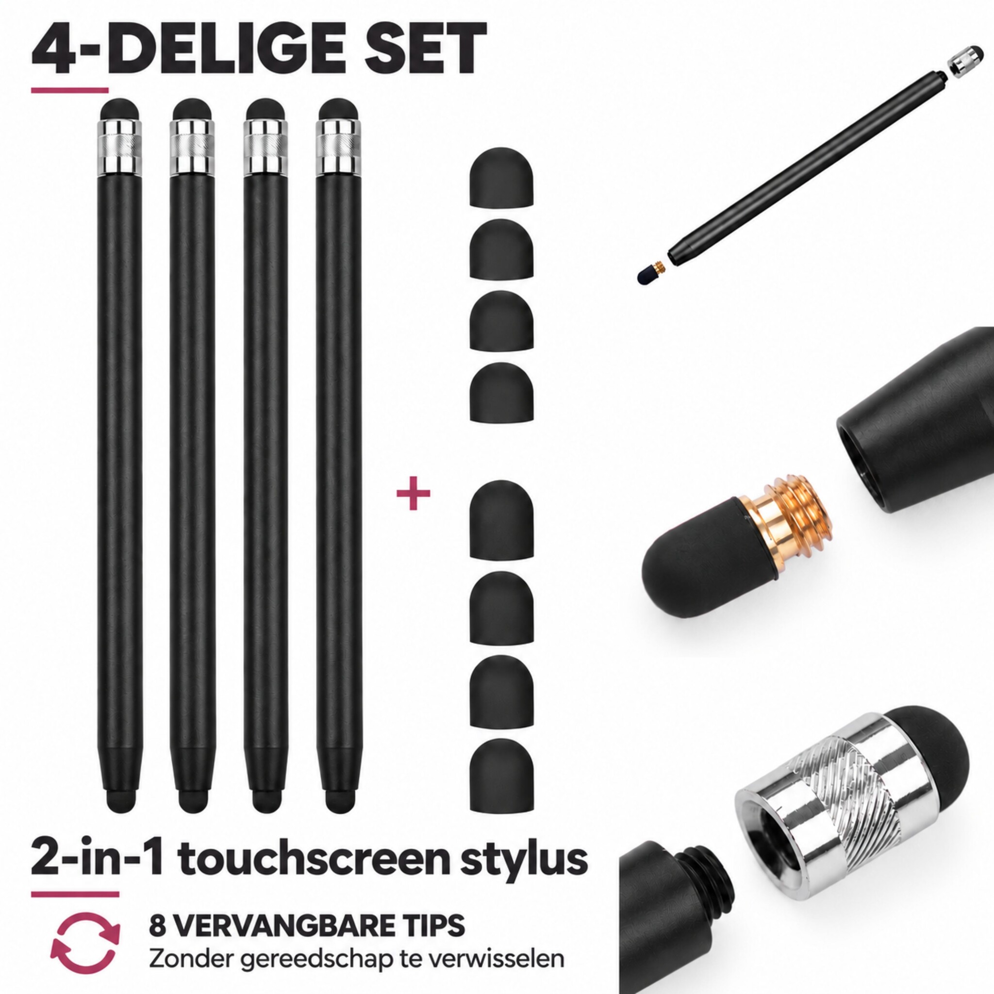 4 stuks universele 2-in-1 stylus touchscreen pennetjes voor smartphone, tablet en e-reader - Zwart