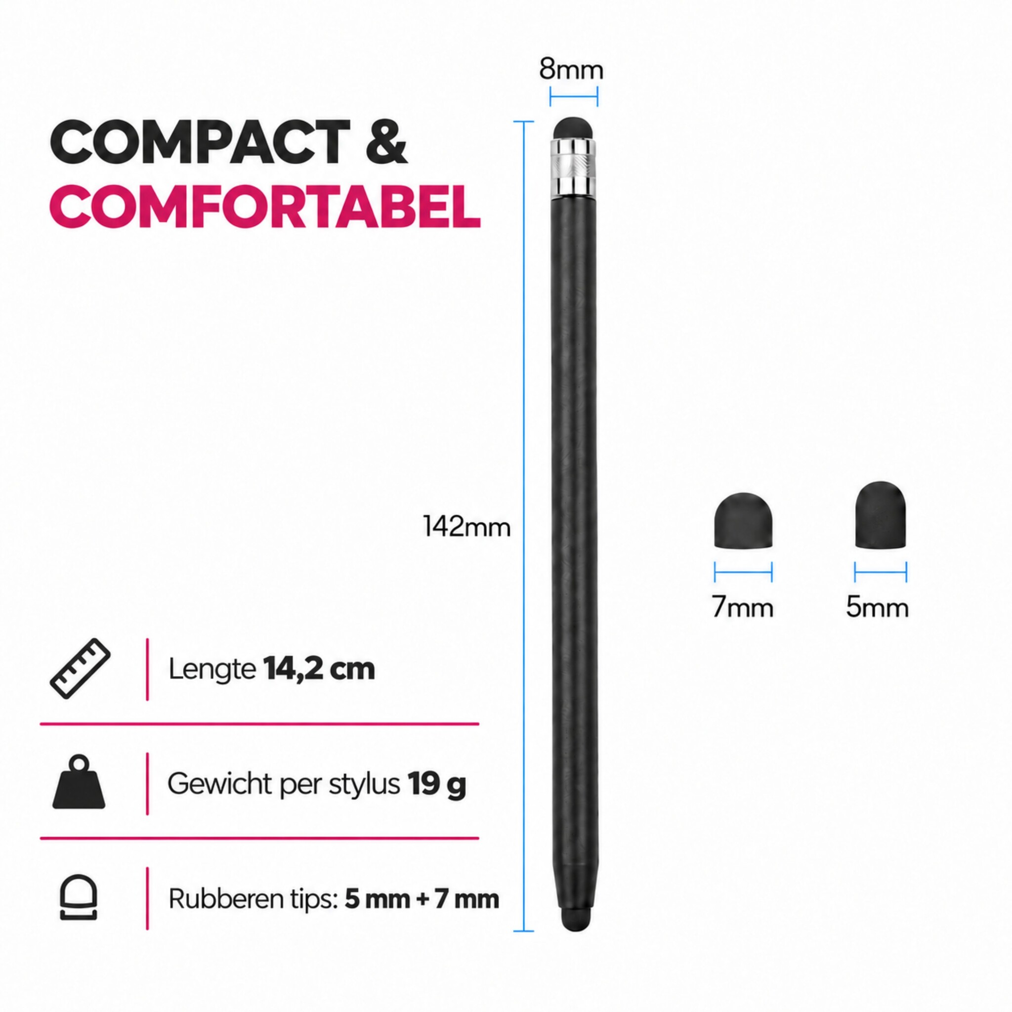 4 stuks universele 2-in-1 stylus touchscreen pennetjes voor smartphone, tablet en e-reader - Zwart