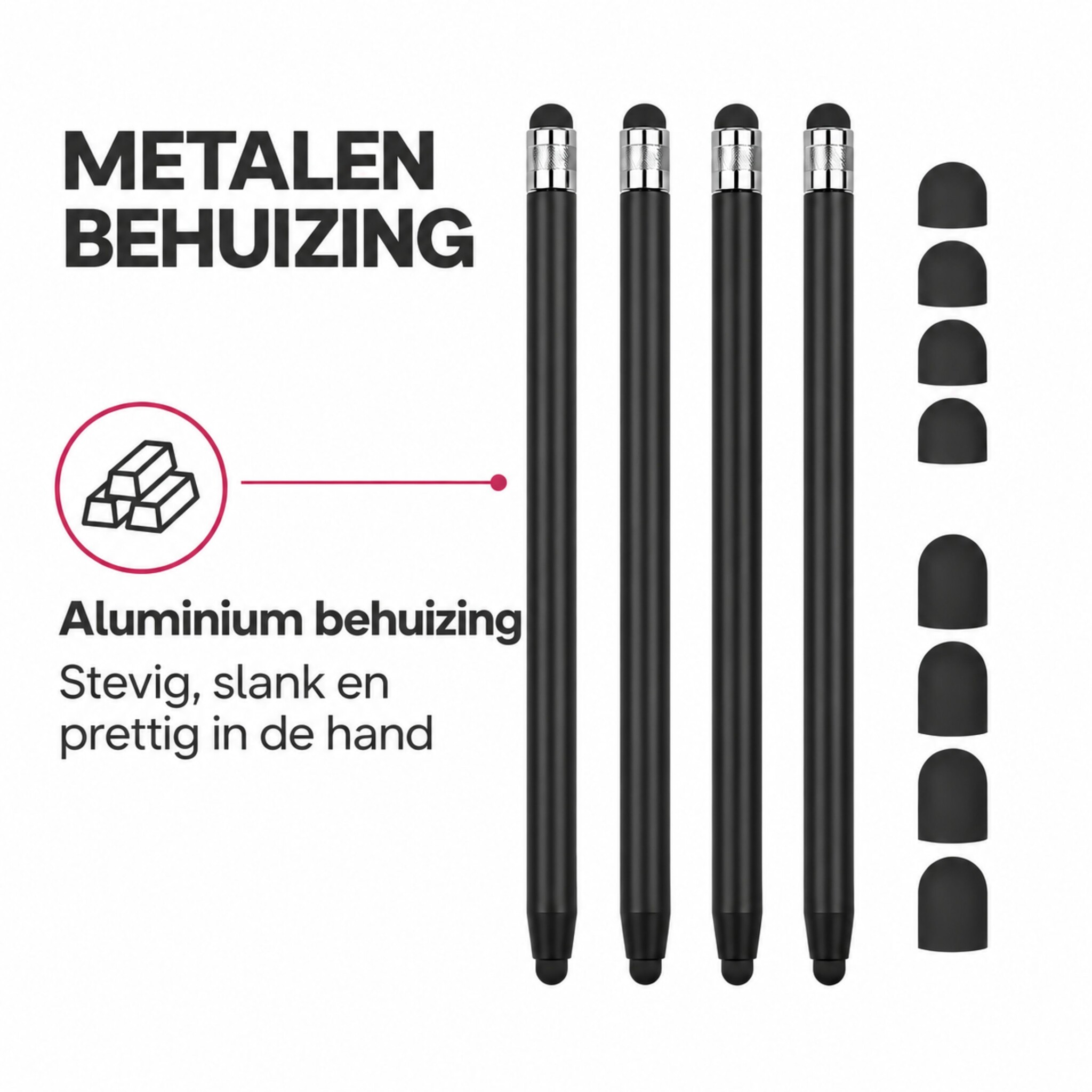 4 stuks universele 2-in-1 stylus touchscreen pennetjes voor smartphone, tablet en e-reader - Zwart
