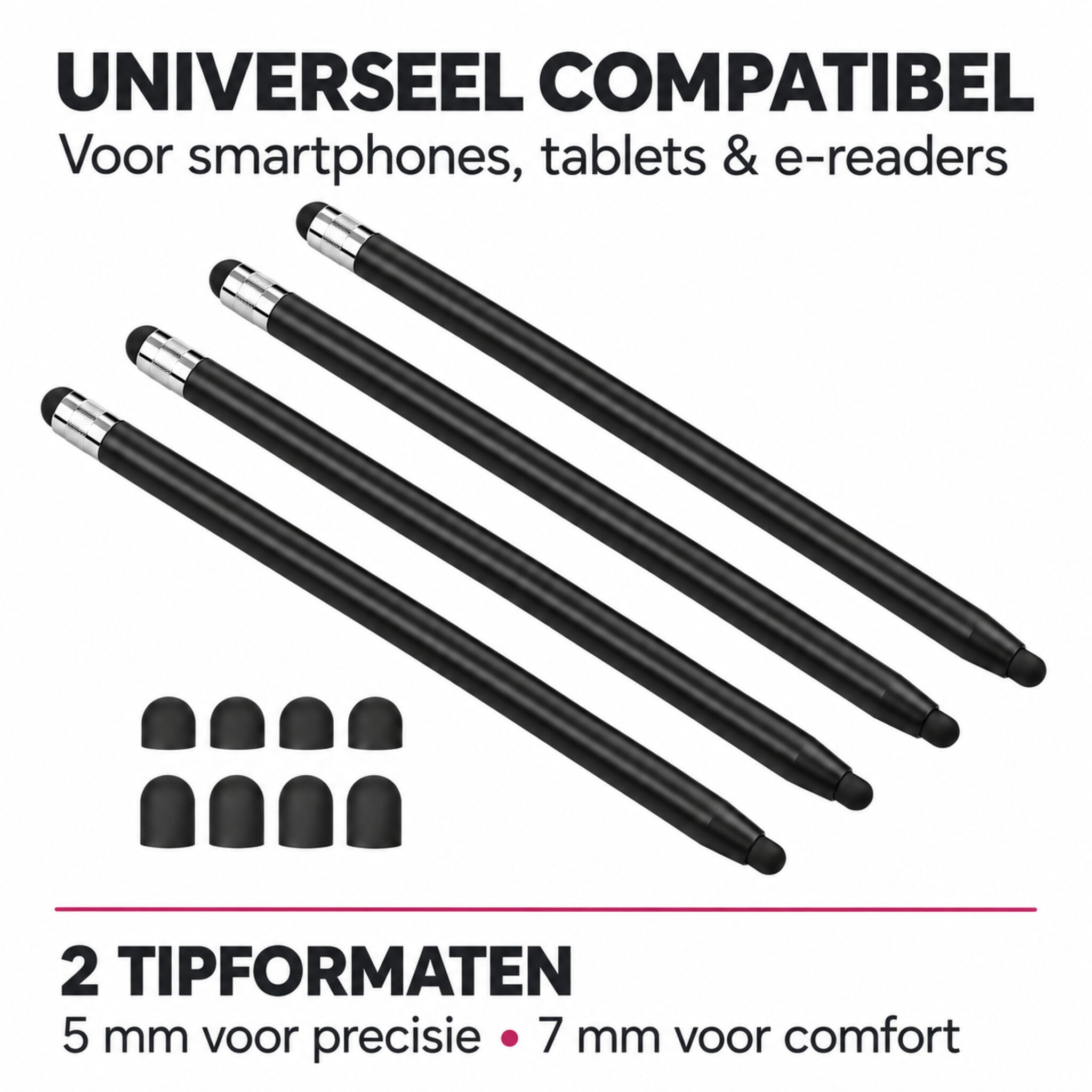 4 stuks universele 2-in-1 stylus touchscreen pennetjes voor smartphone, tablet en e-reader - Zwart