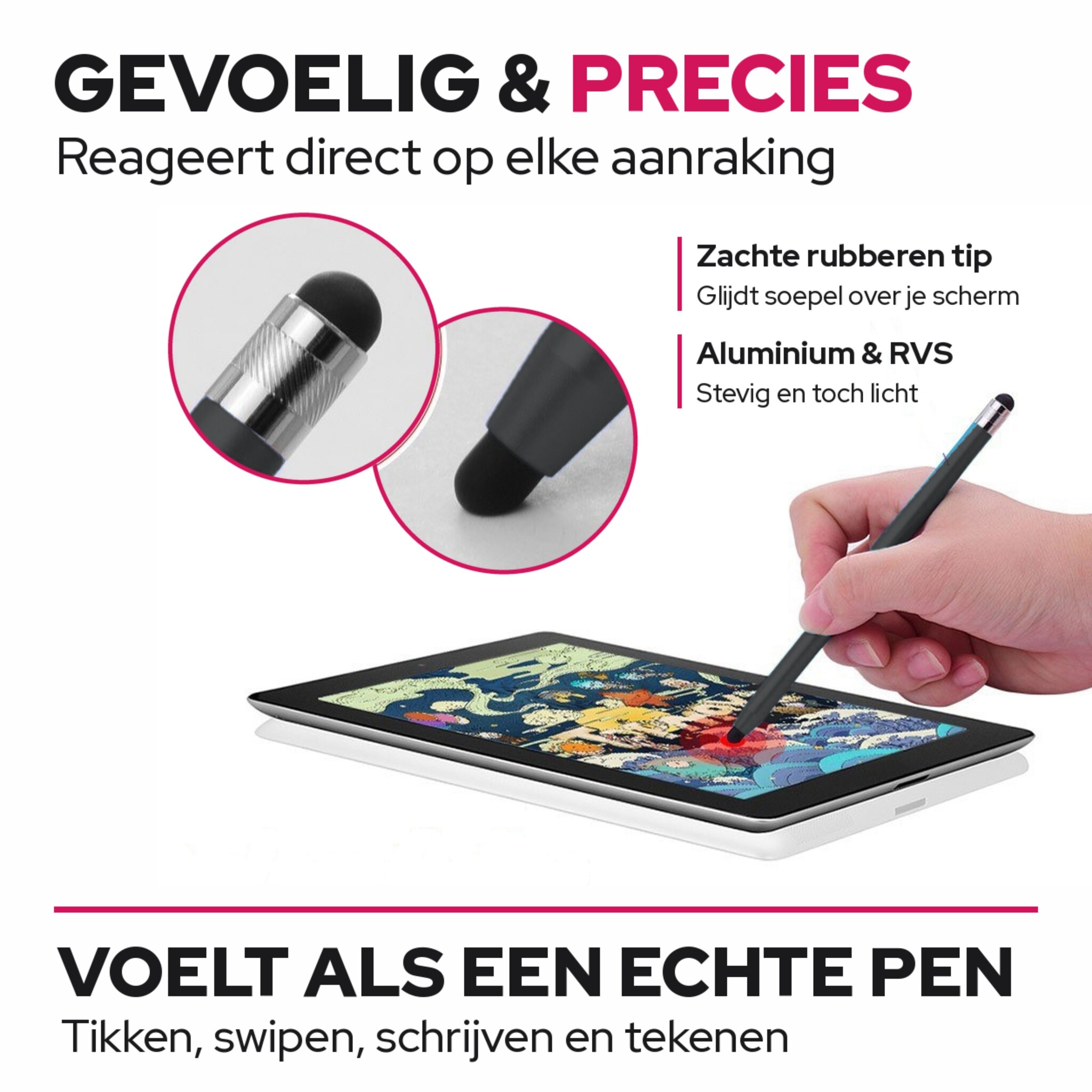 4 stuks universele 2-in-1 stylus touchscreen pennetjes voor smartphone, tablet en e-reader - Zwart