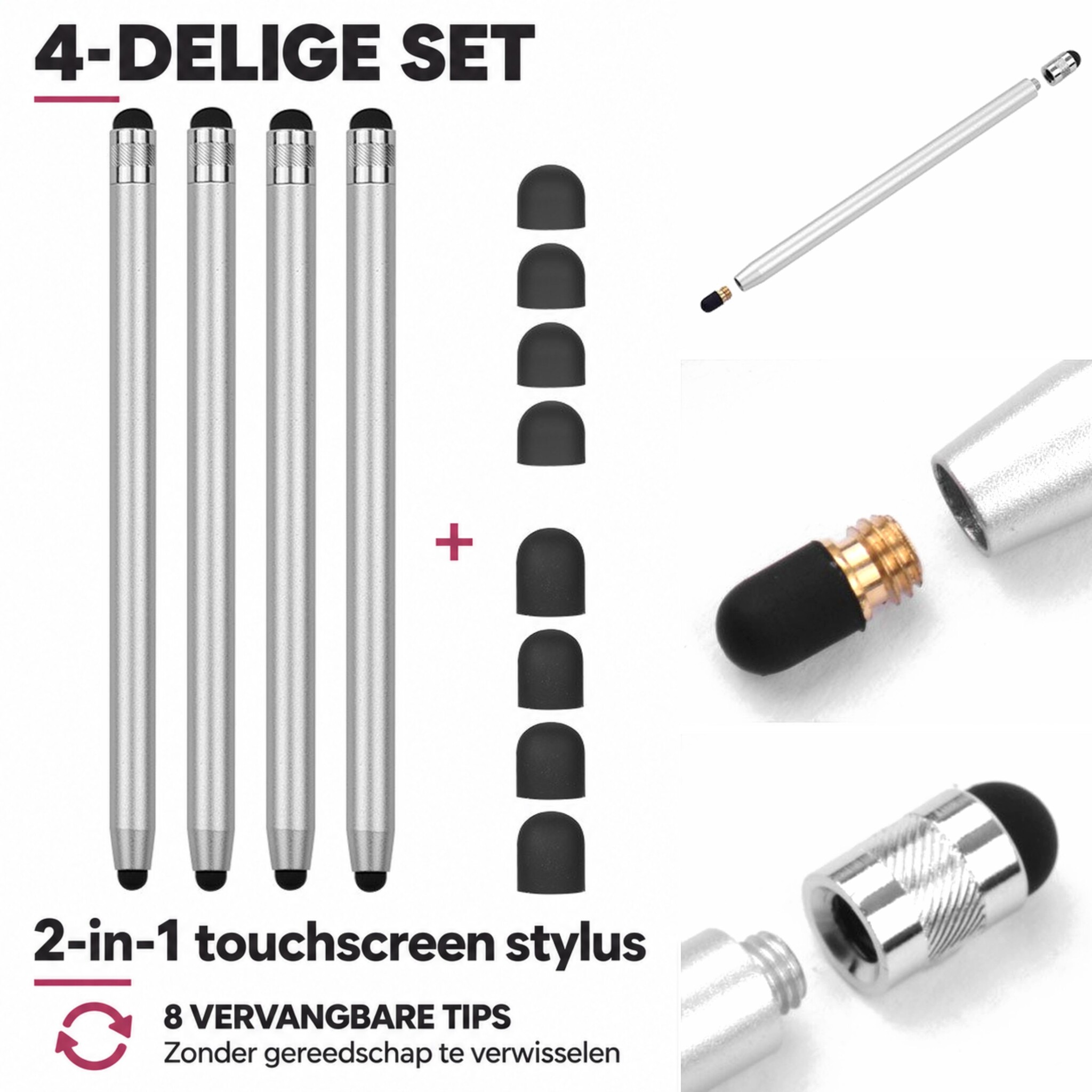 4 stuks universele 2-in-1 stylus touchscreen pennetjes voor smartphone, tablet en e-reader - Zilver