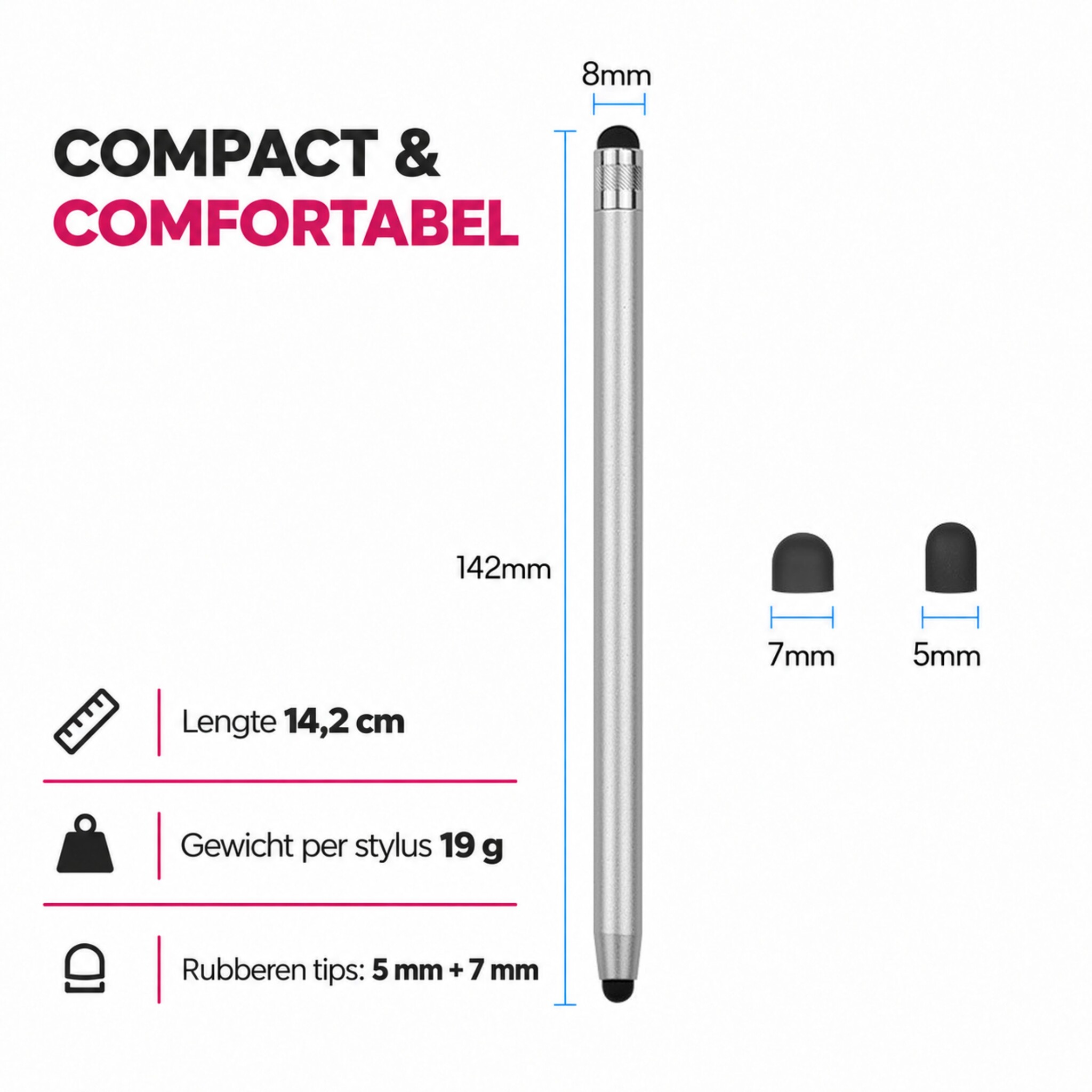 4 stuks universele 2-in-1 stylus touchscreen pennetjes voor smartphone, tablet en e-reader - Zilver