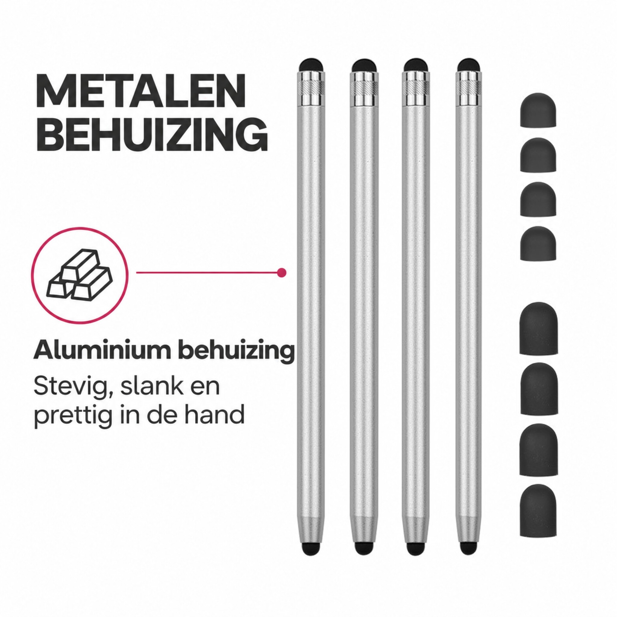 4 stuks universele 2-in-1 stylus touchscreen pennetjes voor smartphone, tablet en e-reader - Zilver