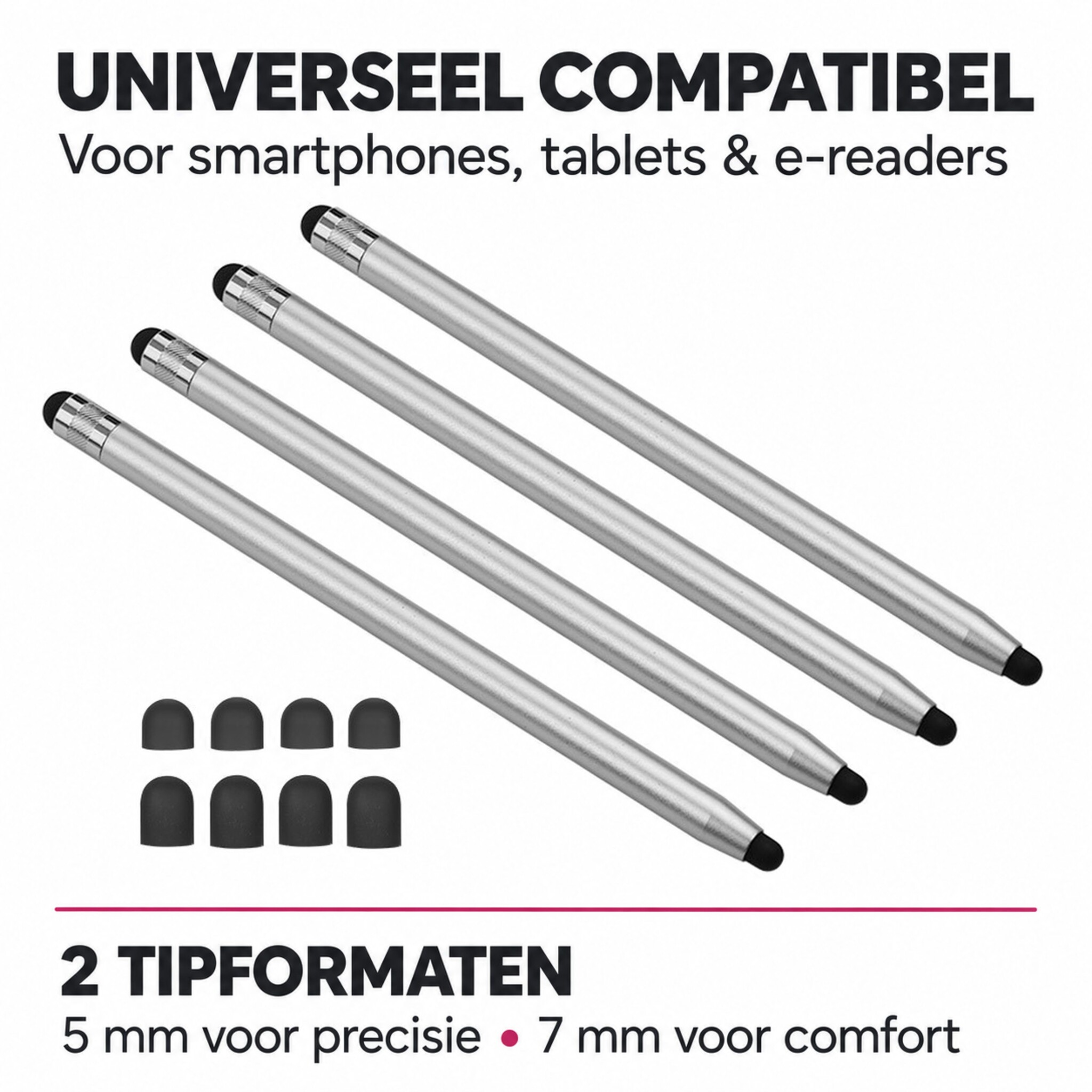 4 stuks universele 2-in-1 stylus touchscreen pennetjes voor smartphone, tablet en e-reader - Zilver