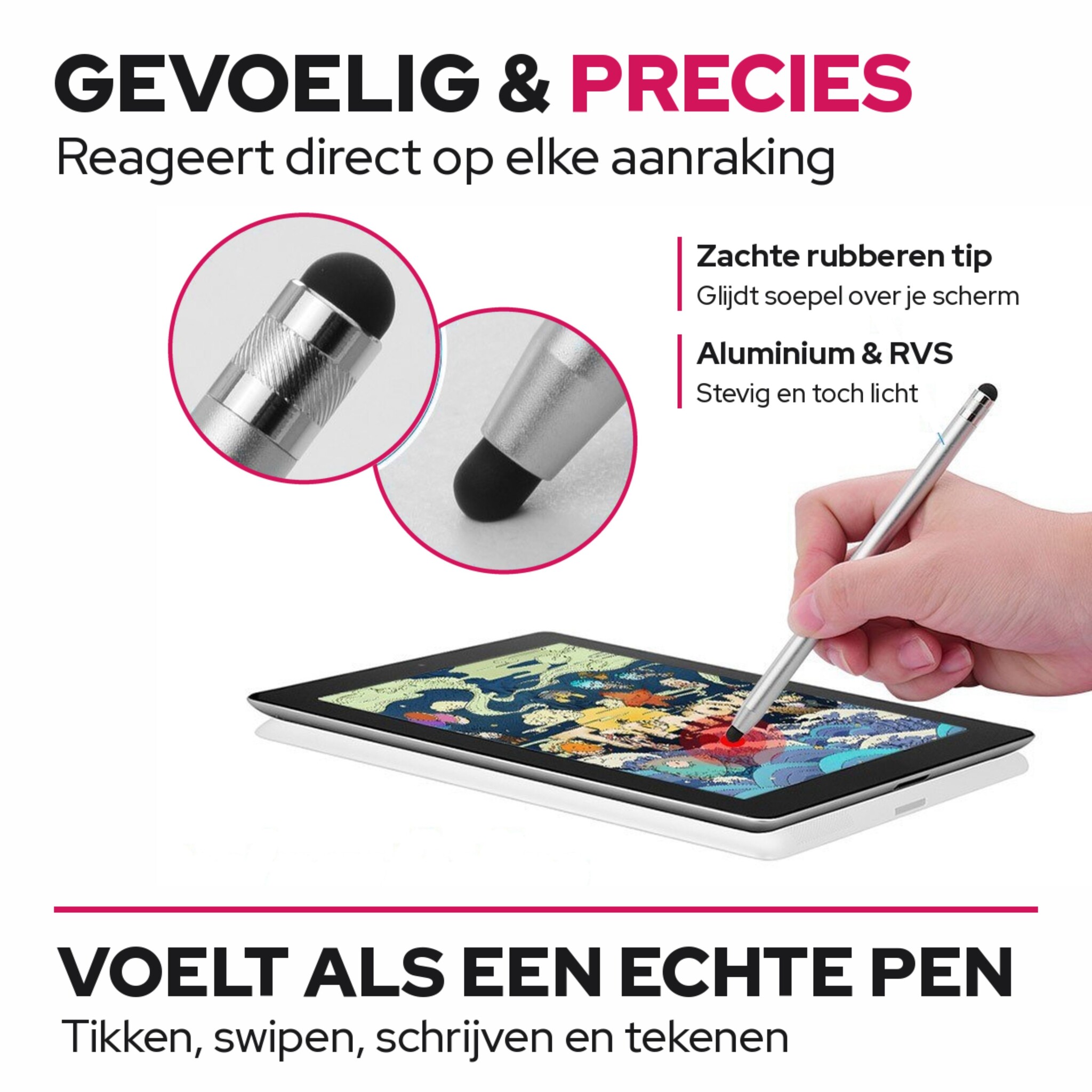 4 stuks universele 2-in-1 stylus touchscreen pennetjes voor smartphone, tablet en e-reader - Zilver