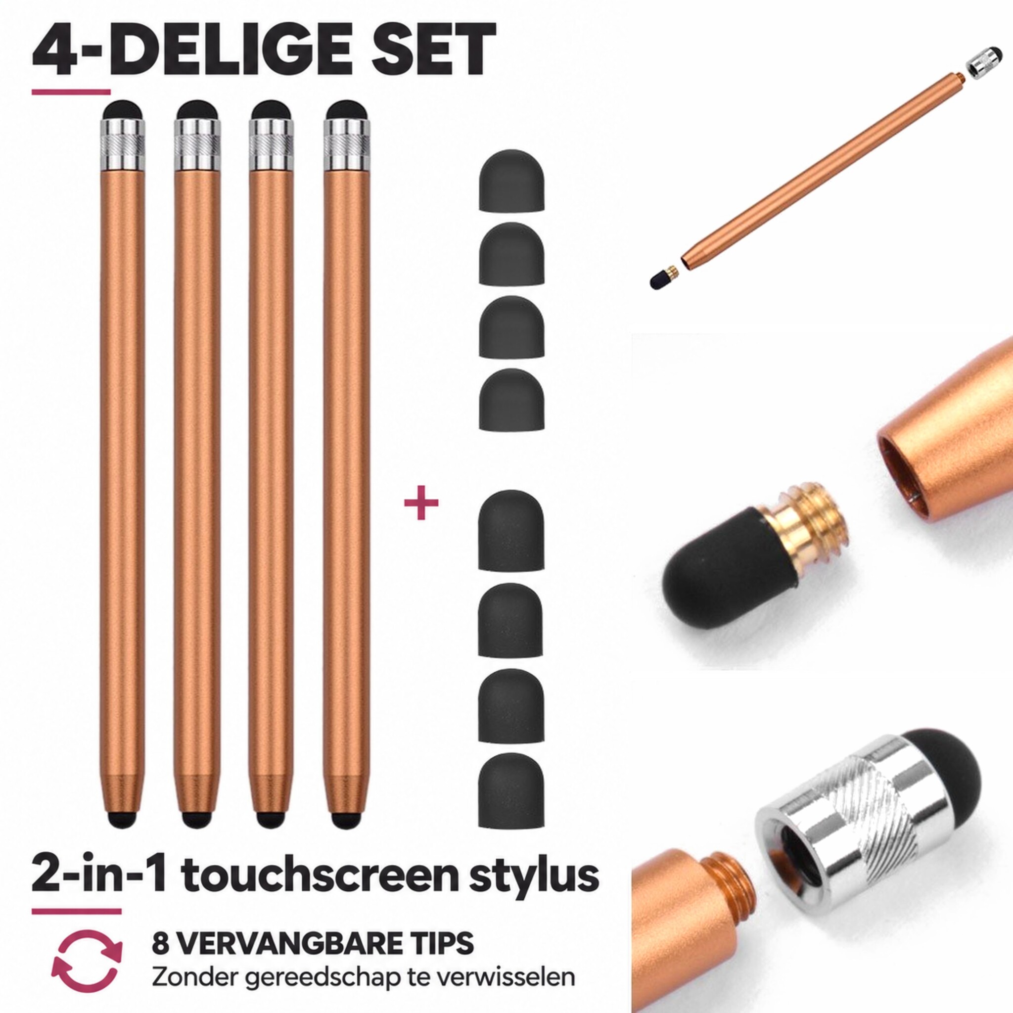 4 stuks universele 2-in-1 stylus touchscreen pennetjes voor smartphone, tablet en e-reader - Goud