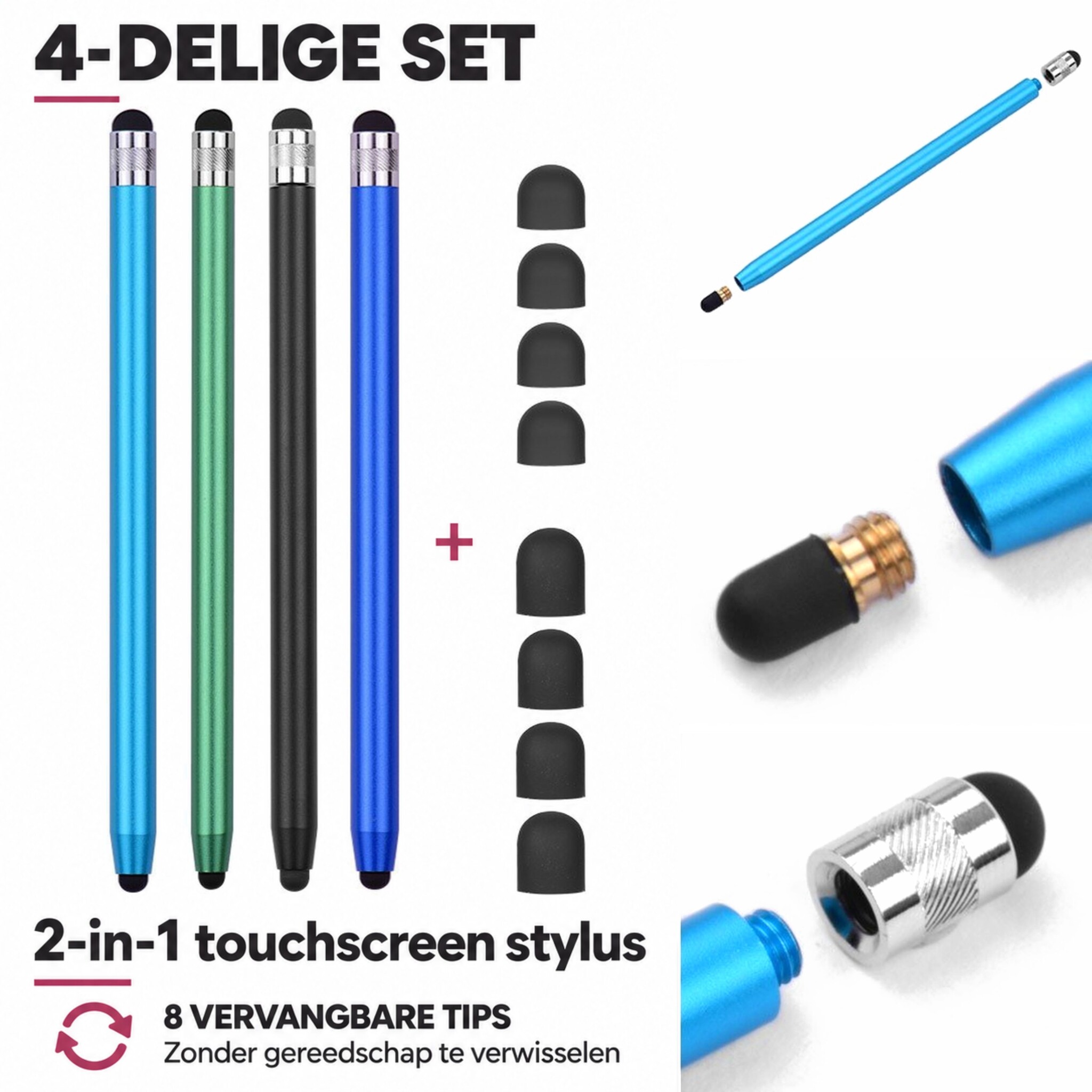 4 stuks universele 2-in-1 stylus touchscreen pennetjes voor smartphone, tablet en e-reader - Gemixte kleuren