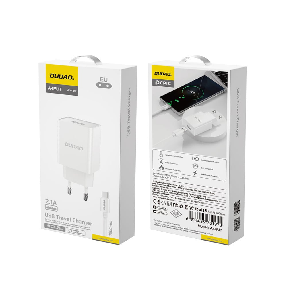 EU stekker met USB-C oplader - USB-A naar USB-C oplaadkabel en datakabel - 2.1A - 1 Meter – Wit