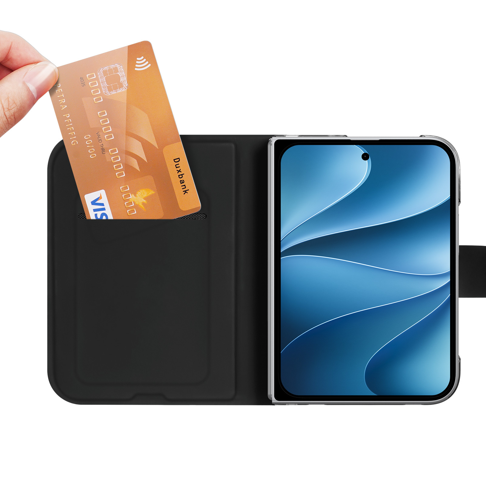 iPhone Duo hoesje - Slim bookcase met pasjeshouder en standaard - Zwart