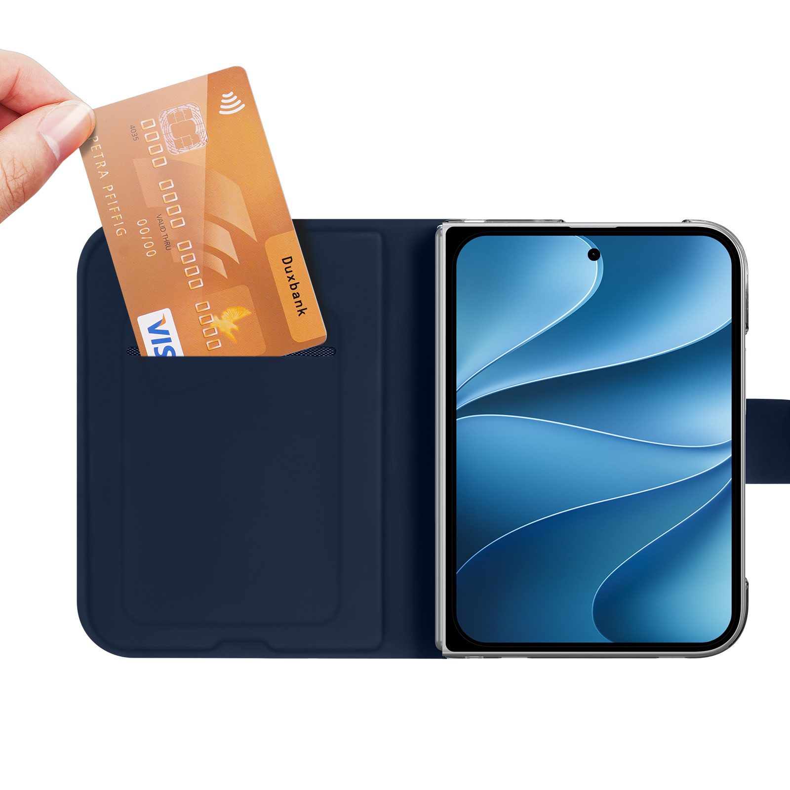iPhone Duo hoesje - Slim bookcase met pasjeshouder en standaard - Blauw