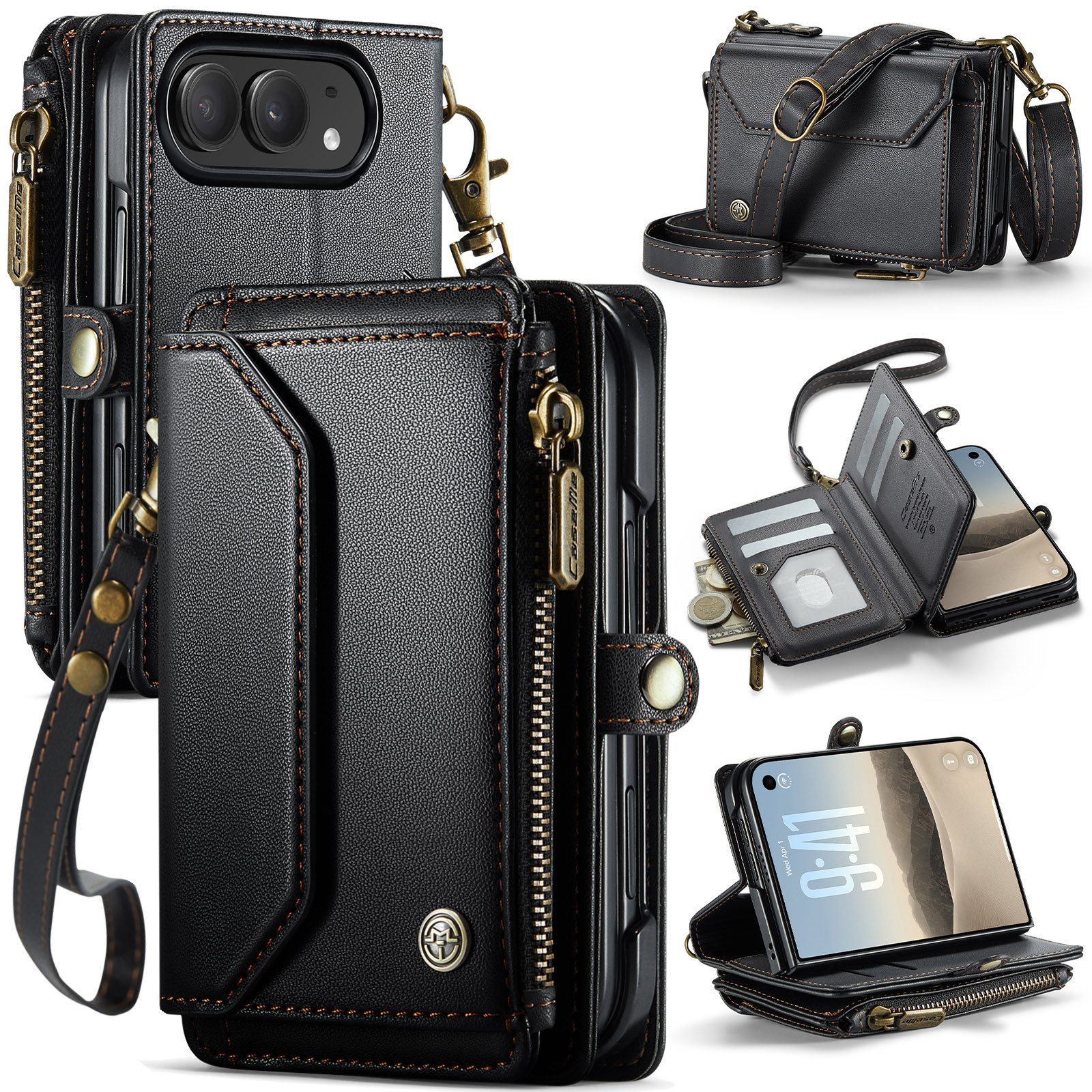 Caseme iPhone Duo hoesje - portemonnee telefoontasje met 10 pasjesvakken, RFID-bescherming en schouderband - Zwart