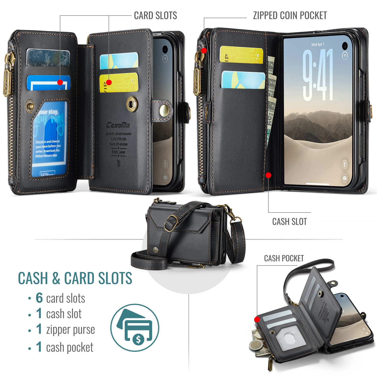 Caseme iPhone Duo hoesje - portemonnee telefoontasje met 10 pasjesvakken, RFID-bescherming en schouderband - Zwart