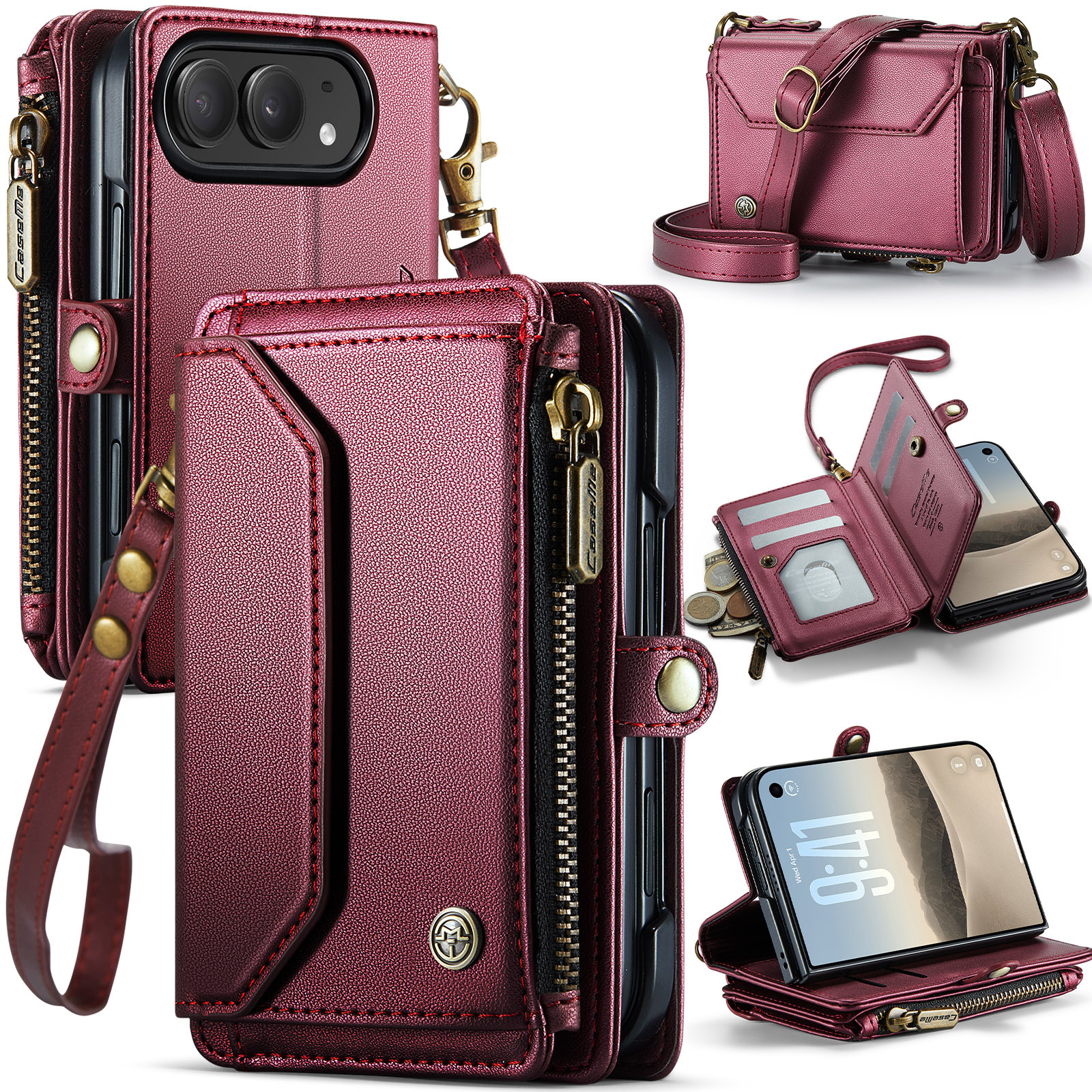 Caseme iPhone Duo hoesje - portemonnee telefoontasje met 10 pasjesvakken, RFID-bescherming en schouderband - Rood