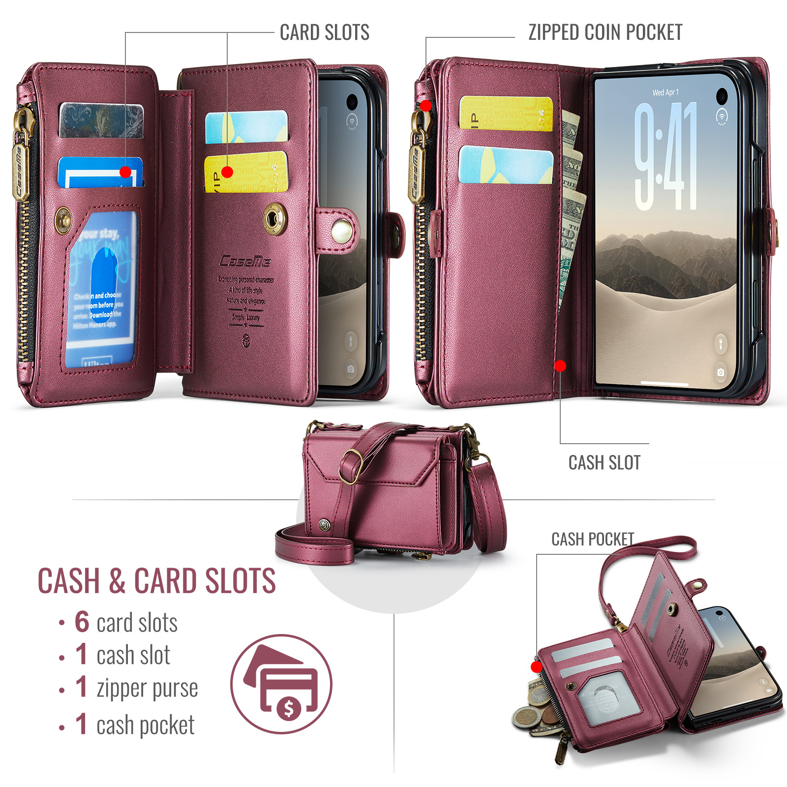 Caseme iPhone Duo hoesje - portemonnee telefoontasje met 10 pasjesvakken, RFID-bescherming en schouderband - Rood
