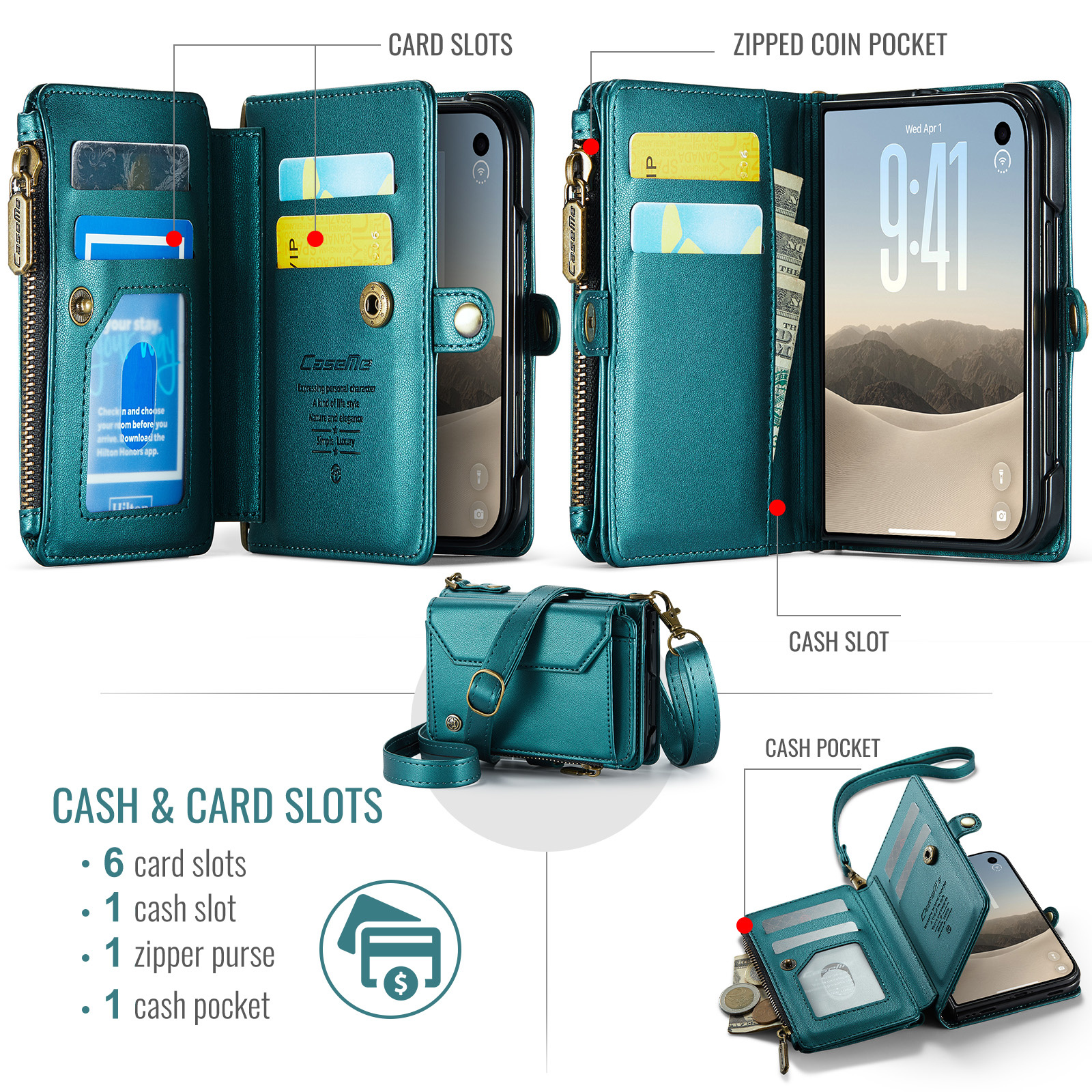 Caseme iPhone Duo hoesje - portemonnee telefoontasje met 10 pasjesvakken, RFID-bescherming en schouderband - Petrol
