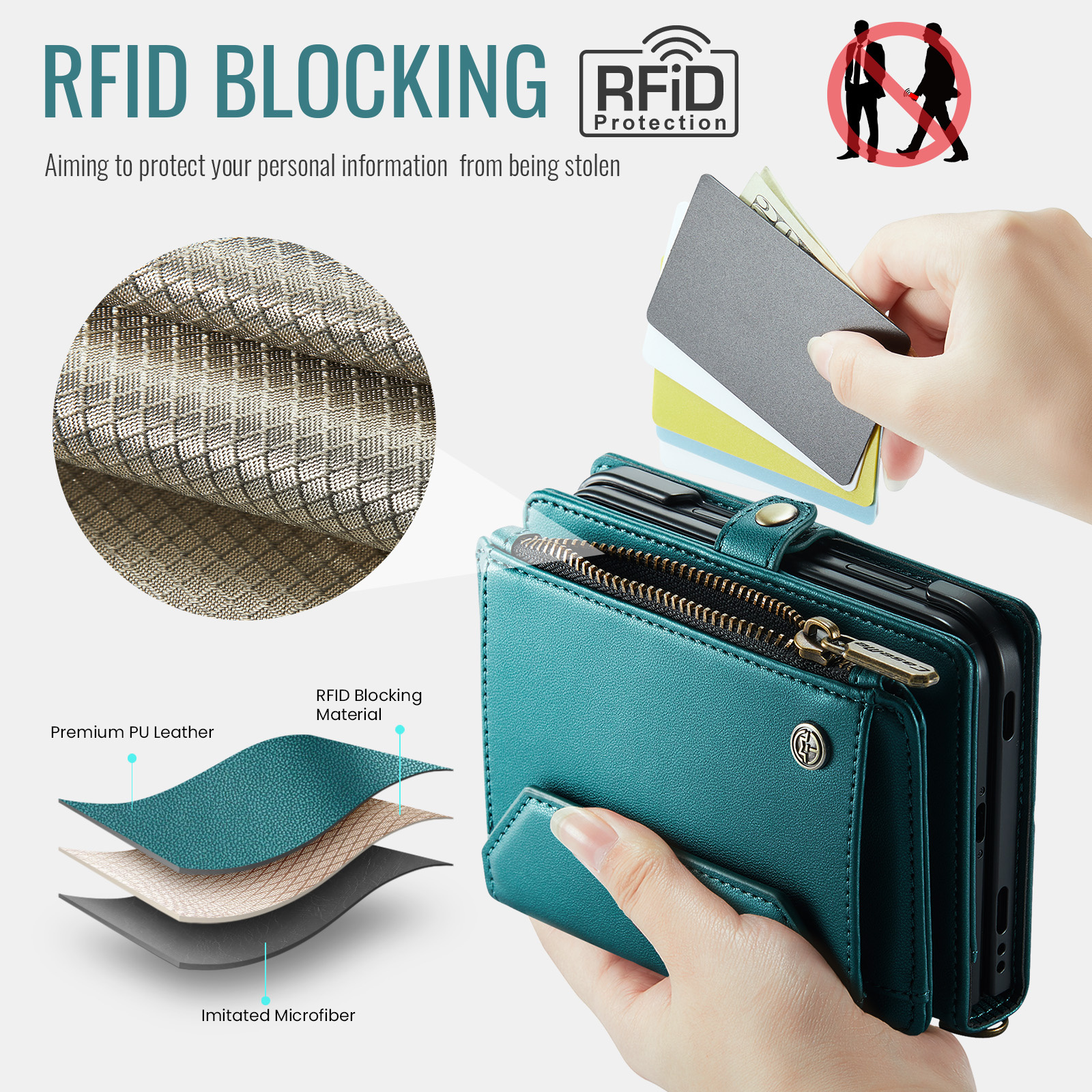 Caseme iPhone Duo hoesje - portemonnee telefoontasje met 10 pasjesvakken, RFID-bescherming en schouderband - Petrol