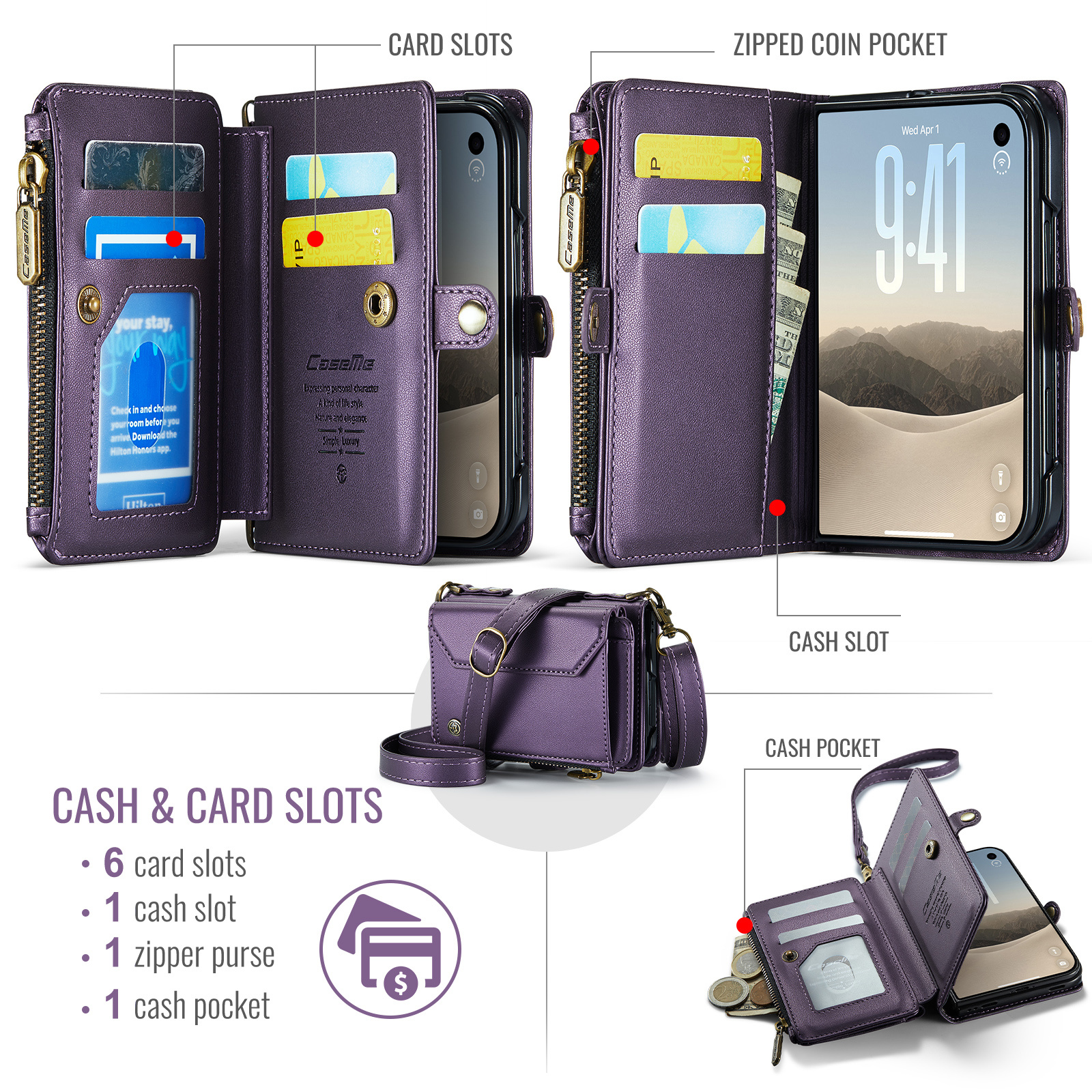 Caseme iPhone Duo hoesje - portemonnee telefoontasje met 10 pasjesvakken, RFID-bescherming en schouderband - Paars