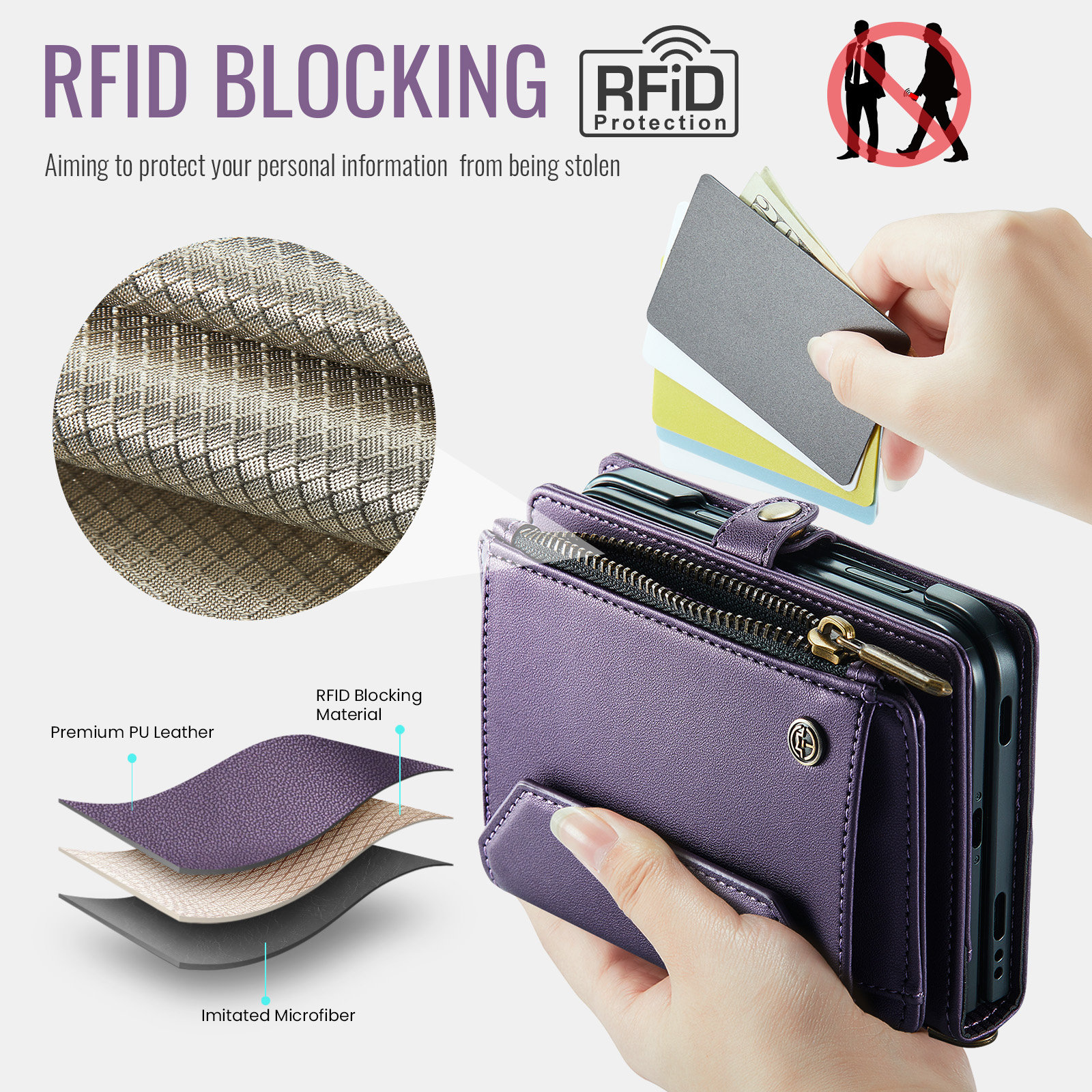 Caseme iPhone Duo hoesje - portemonnee telefoontasje met 10 pasjesvakken, RFID-bescherming en schouderband - Paars