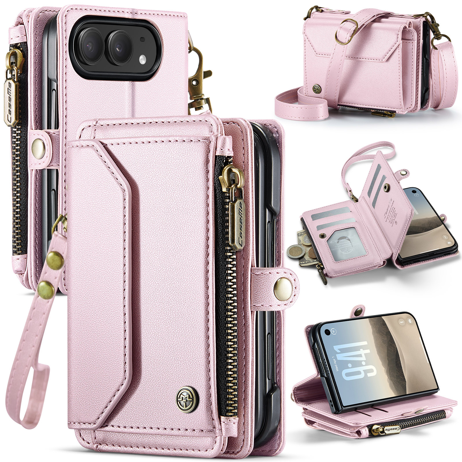 Caseme iPhone Duo hoesje - portemonnee telefoontasje met 10 pasjesvakken, RFID-bescherming en schouderband - Lichtroze