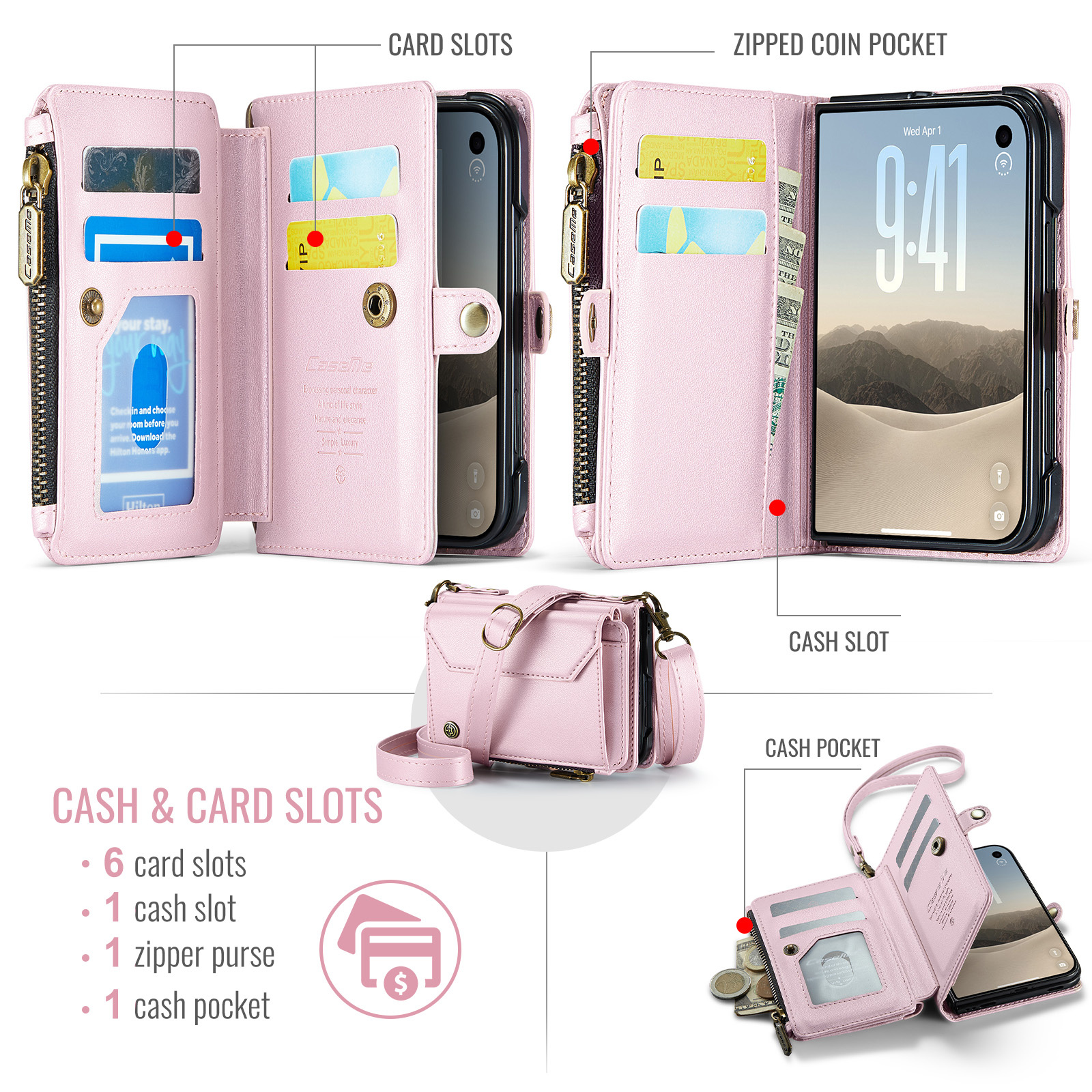 Caseme iPhone Duo hoesje - portemonnee telefoontasje met 10 pasjesvakken, RFID-bescherming en schouderband - Lichtroze