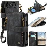 Caseme iPhone Duo PU leren hoesje - portemonnee bookcase met ritsvak, pasjeshouder en polsband - Zwart
