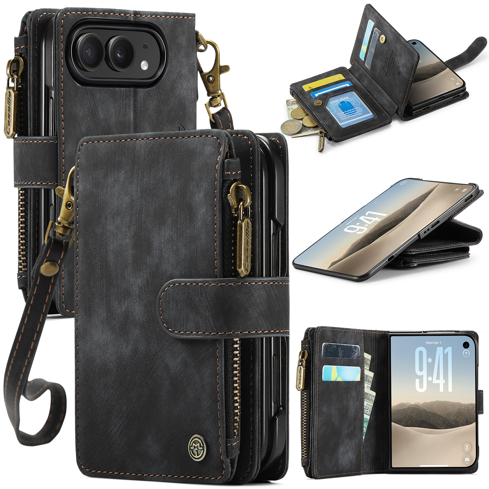 Caseme iPhone Duo PU leren hoesje - portemonnee bookcase met ritsvak, pasjeshouder en polsband - Zwart