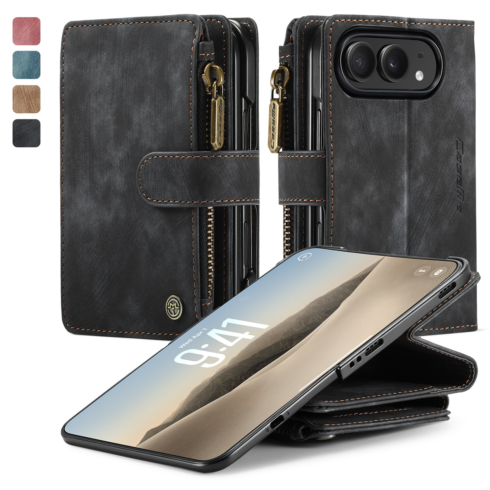 Caseme iPhone Duo PU leren hoesje - portemonnee bookcase met ritsvak, pasjeshouder en polsband - Zwart