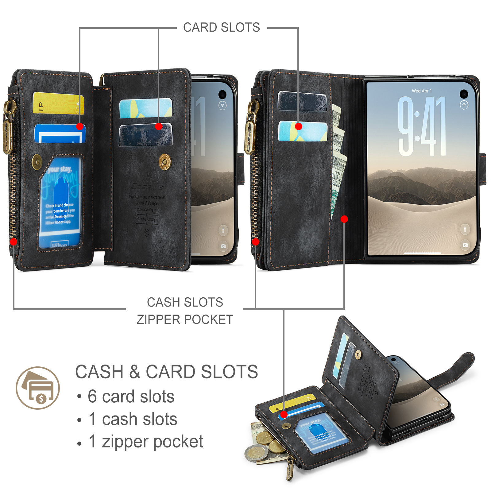 Caseme iPhone Duo PU leren hoesje - portemonnee bookcase met ritsvak, pasjeshouder en polsband - Zwart