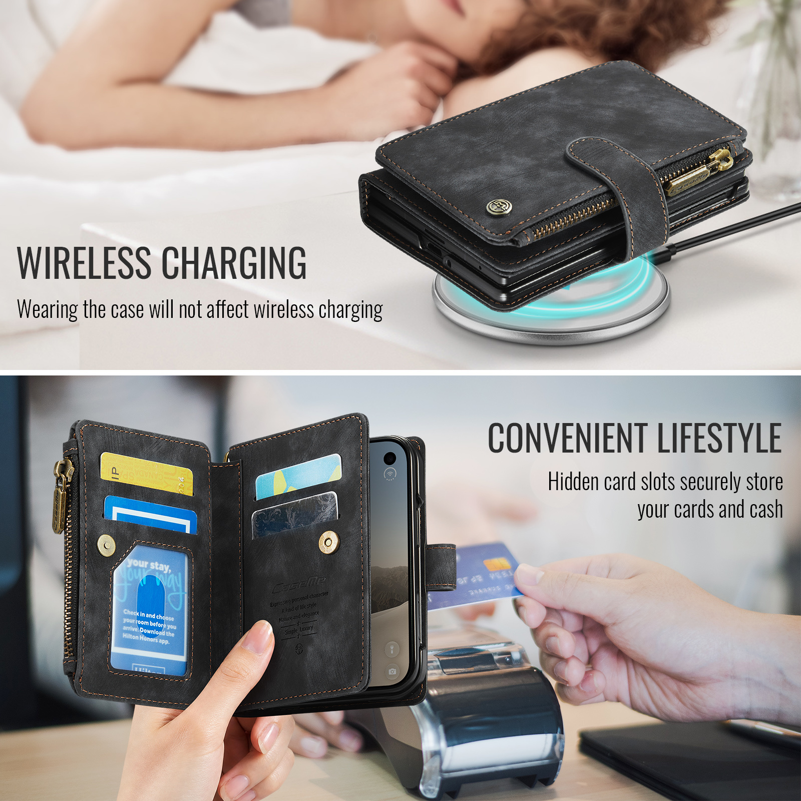Caseme iPhone Duo PU leren hoesje - portemonnee bookcase met ritsvak, pasjeshouder en polsband - Zwart
