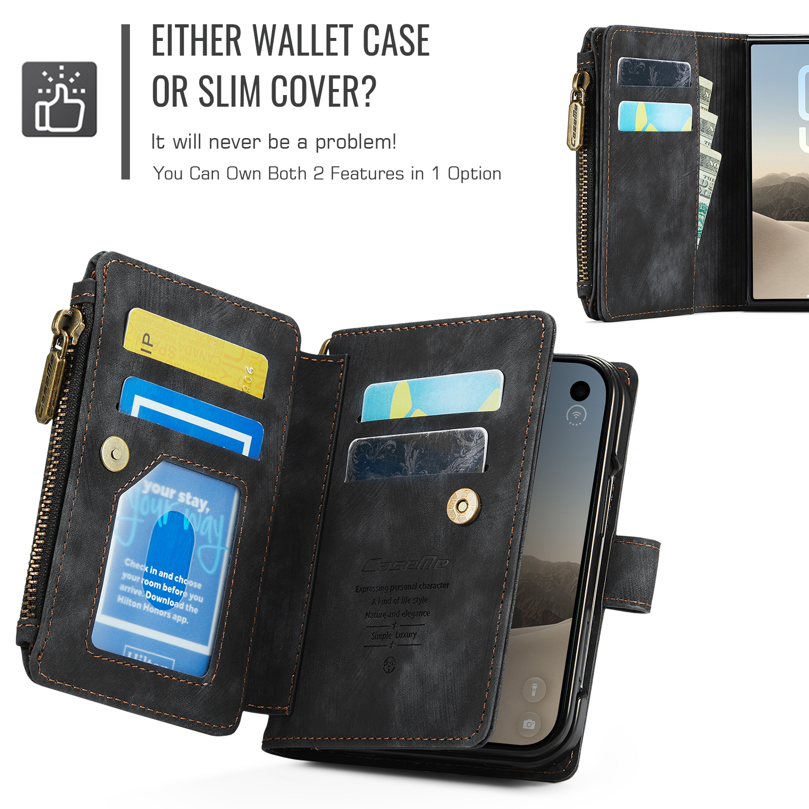 Caseme iPhone Duo PU leren hoesje - portemonnee bookcase met ritsvak, pasjeshouder en polsband - Zwart
