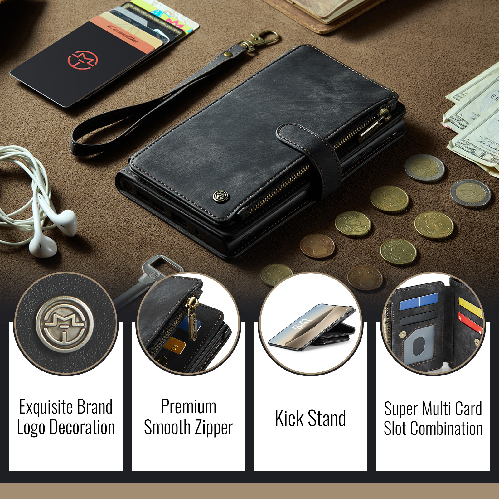 Caseme iPhone Duo PU leren hoesje - portemonnee bookcase met ritsvak, pasjeshouder en polsband - Zwart