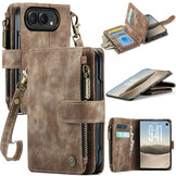 Caseme iPhone Duo PU leren hoesje - portemonnee bookcase met ritsvak, pasjeshouder en polsband - Bruin