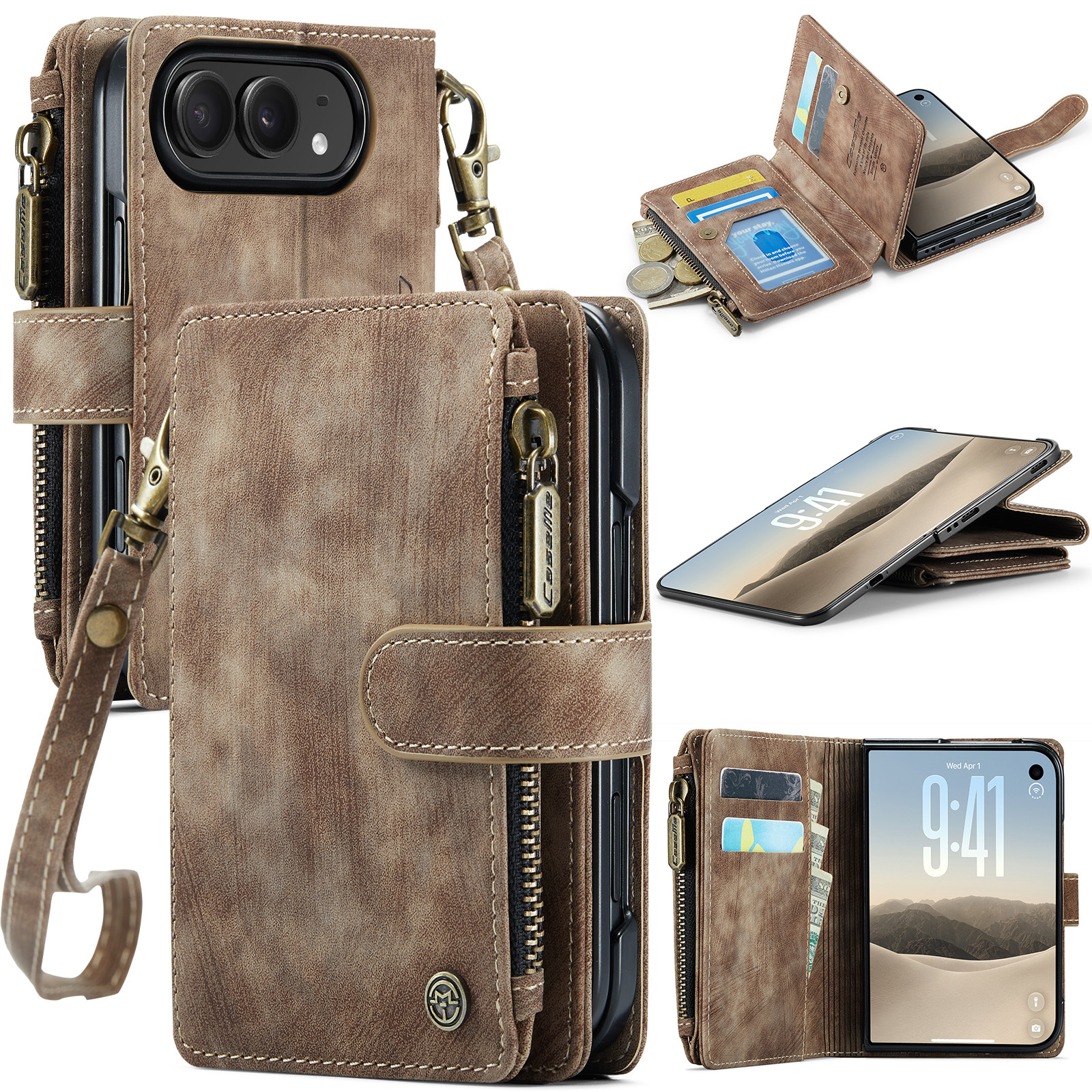 Caseme iPhone Duo PU leren hoesje - portemonnee bookcase met ritsvak, pasjeshouder en polsband - Bruin