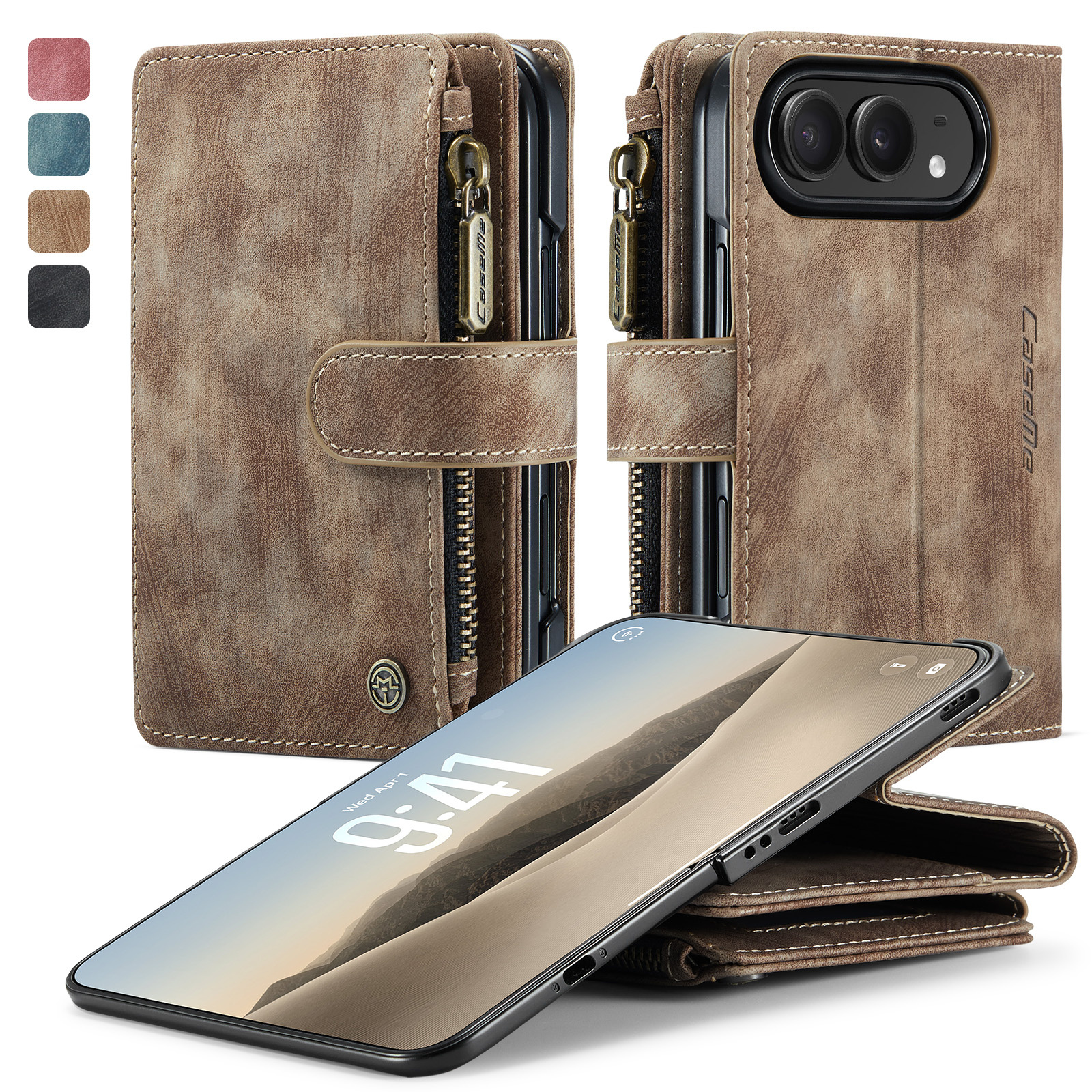 Caseme iPhone Duo PU leren hoesje - portemonnee bookcase met ritsvak, pasjeshouder en polsband - Bruin