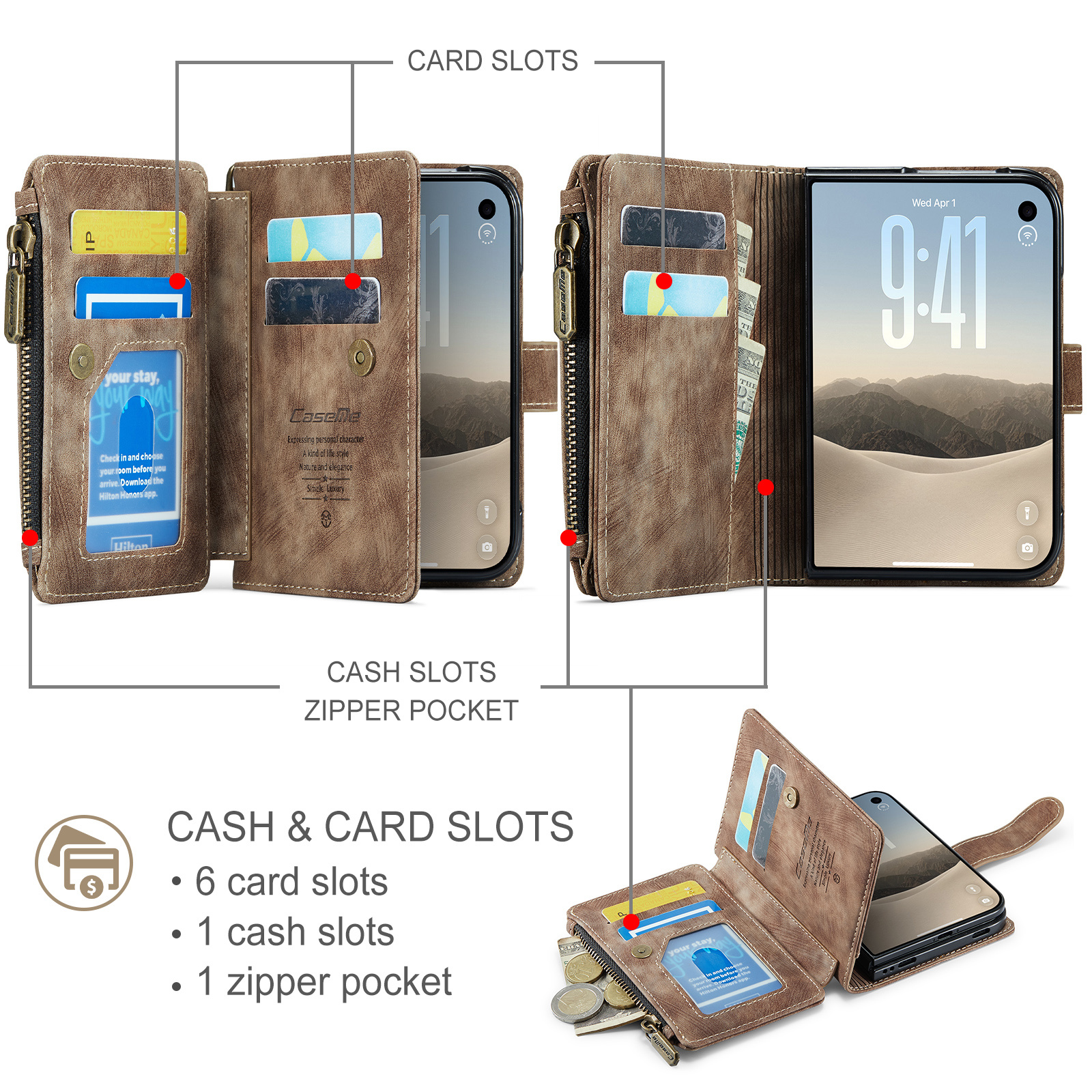 Caseme iPhone Duo PU leren hoesje - portemonnee bookcase met ritsvak, pasjeshouder en polsband - Bruin
