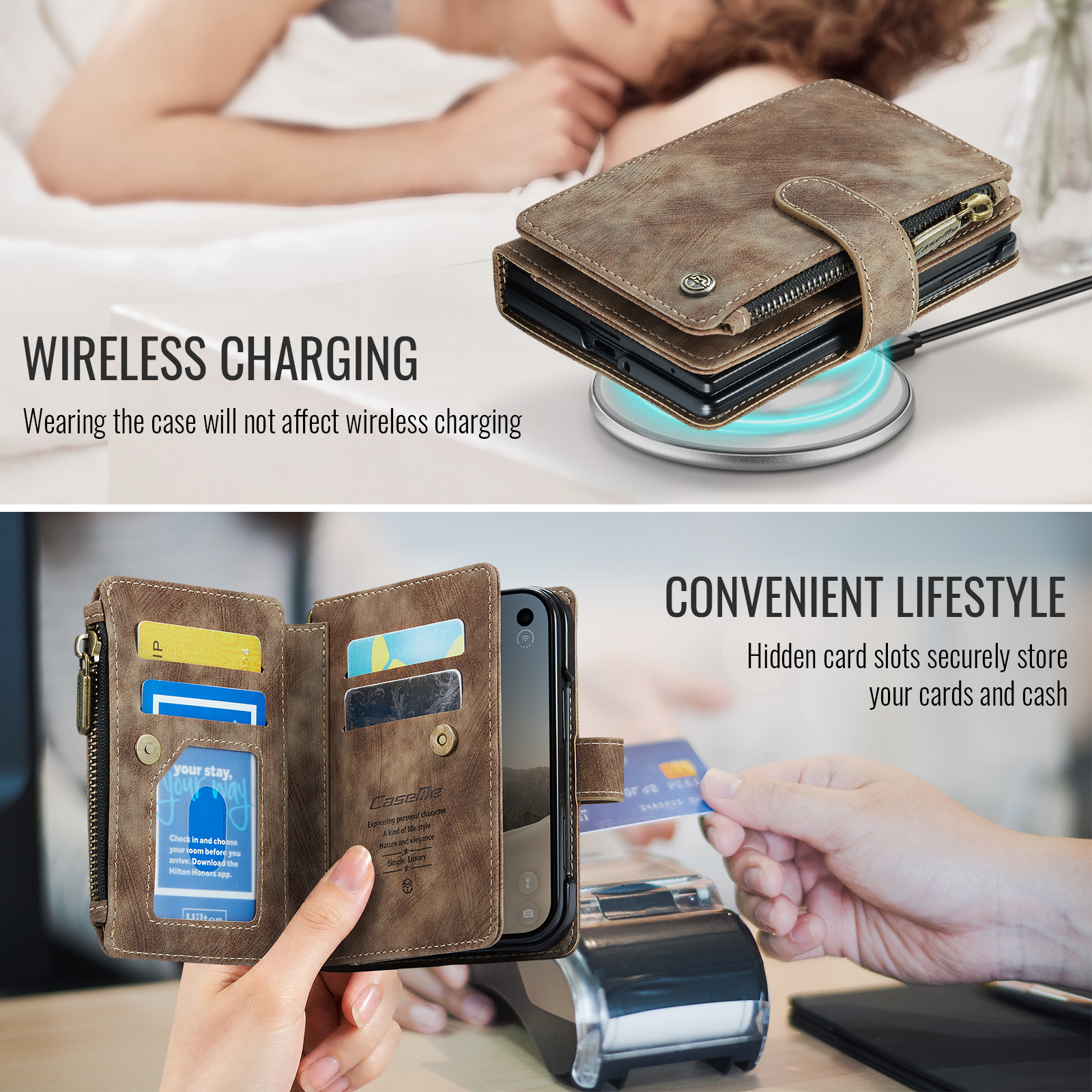 Caseme iPhone Duo PU leren hoesje - portemonnee bookcase met ritsvak, pasjeshouder en polsband - Bruin