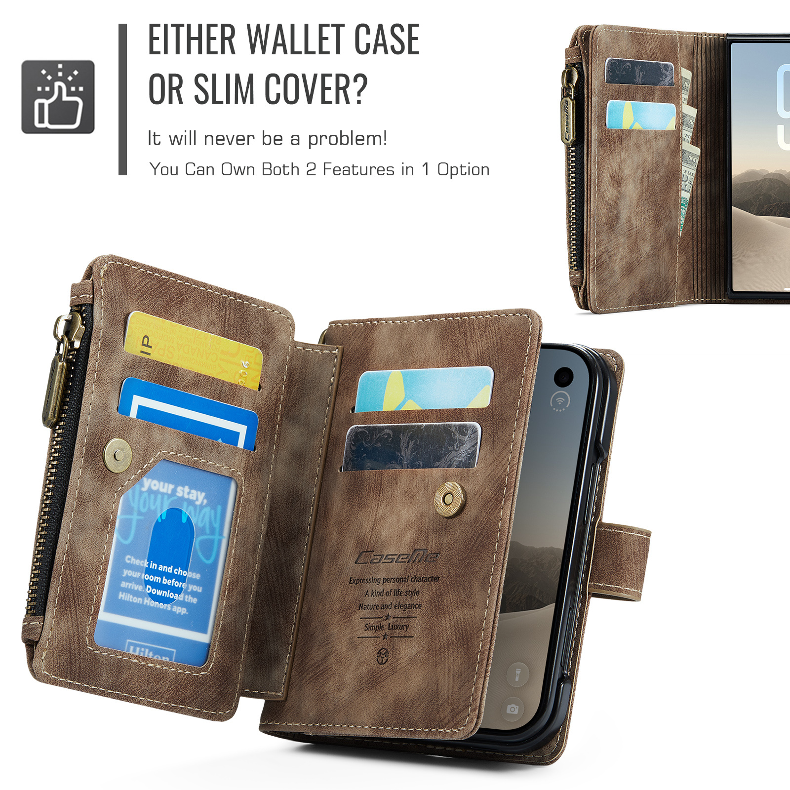 Caseme iPhone Duo PU leren hoesje - portemonnee bookcase met ritsvak, pasjeshouder en polsband - Bruin