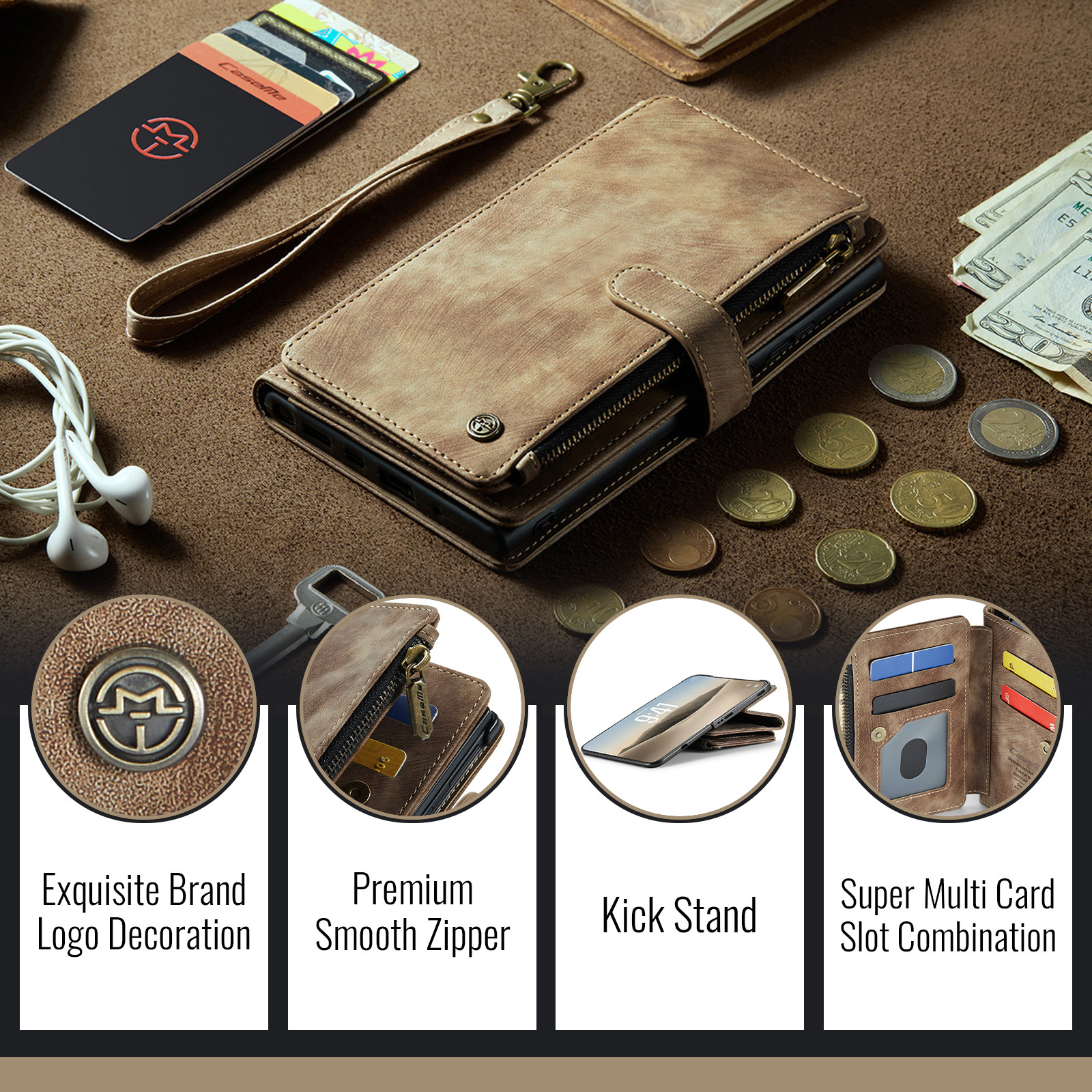 Caseme iPhone Duo PU leren hoesje - portemonnee bookcase met ritsvak, pasjeshouder en polsband - Bruin