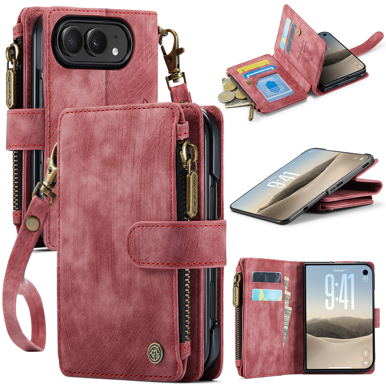 Caseme iPhone Duo PU leren hoesje - portemonnee bookcase met ritsvak, pasjeshouder en polsband - Rood